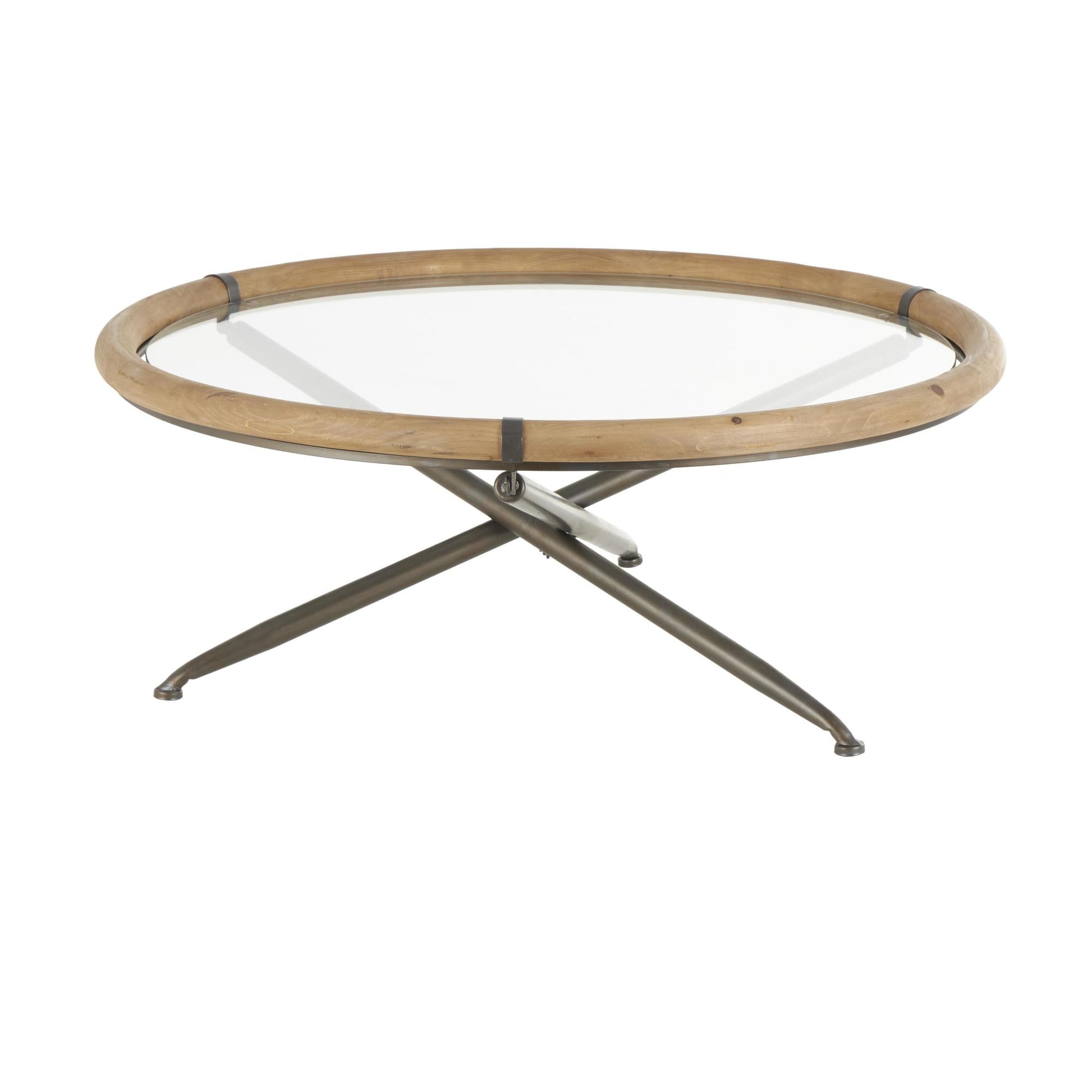 Brass Metal Round Living Room Coffee Table with Brown Wooden Framed Glass Tabletop