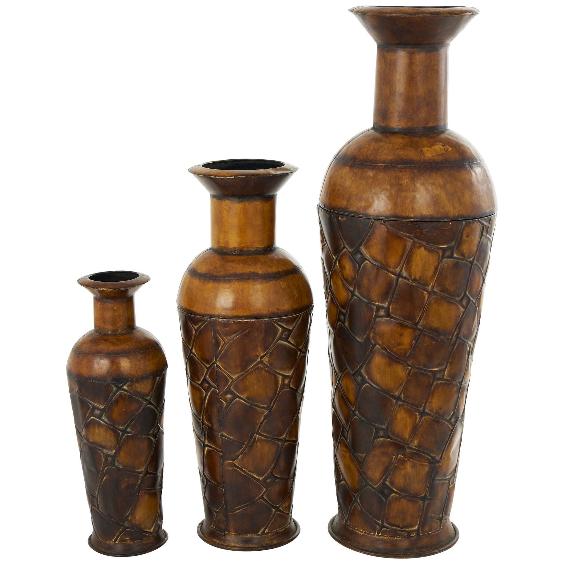 Set of 3 Brown Metal Indoor Outdoor Tall Floor Bottleneck Decorative Vase with Tortoise Shell Pattern