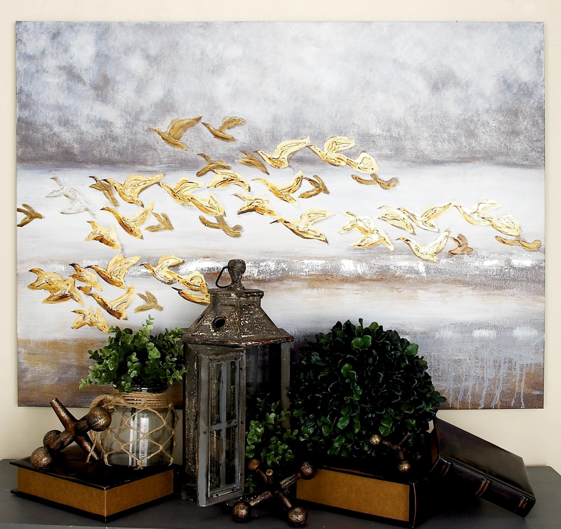 Bird Gold Canvas Living Room Framed Wall Art with Silver Frame