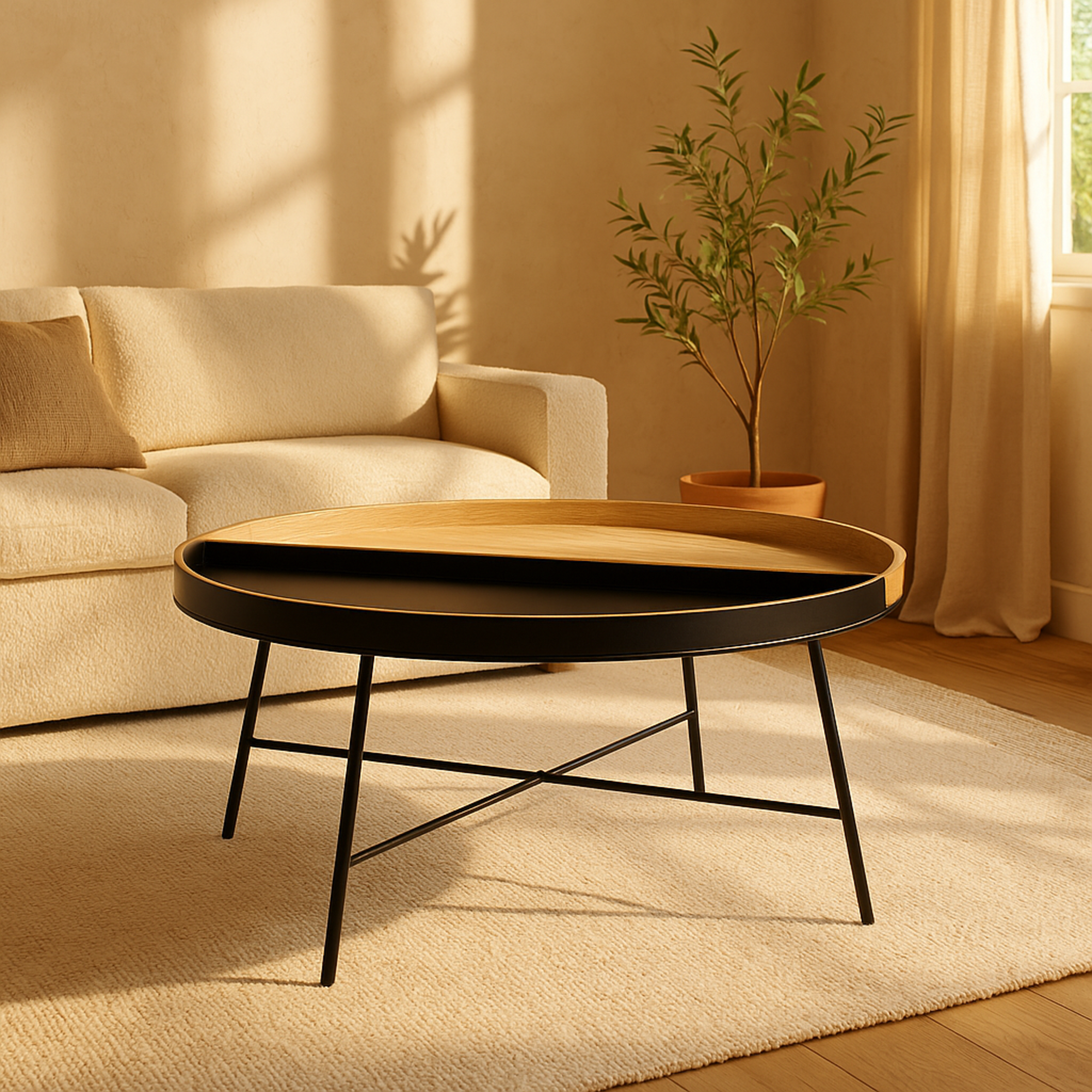 Black Metal Two-Toned Wood Split Tray Living Room Coffee Table