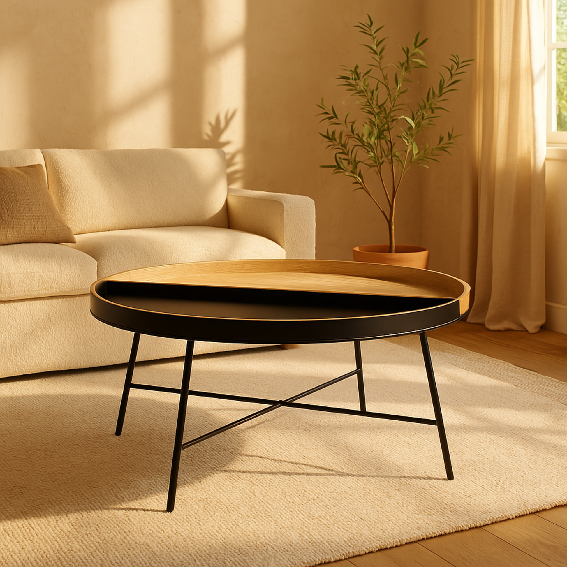 Black Metal Two-Toned Wood Split Tray Living Room Coffee Table