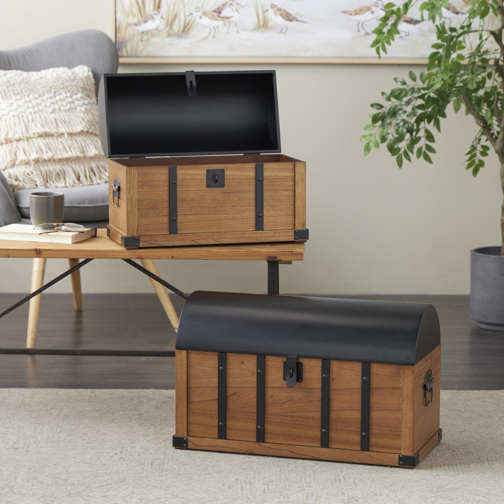 Set of 2 Brown Wooden Studded Storage Decorative Trunk with Black Metal Arched Tops and Vertical Strips