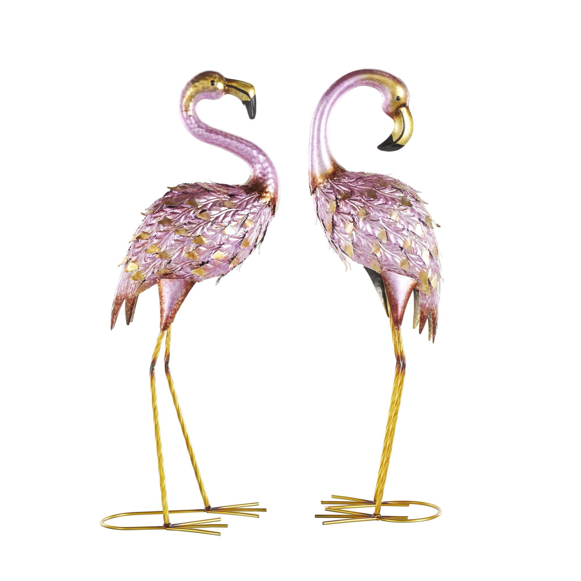 Set of 2 Flamingo Pink Metal Decorative Garden Sculpture with Dimensional Feathers and Gold Accents