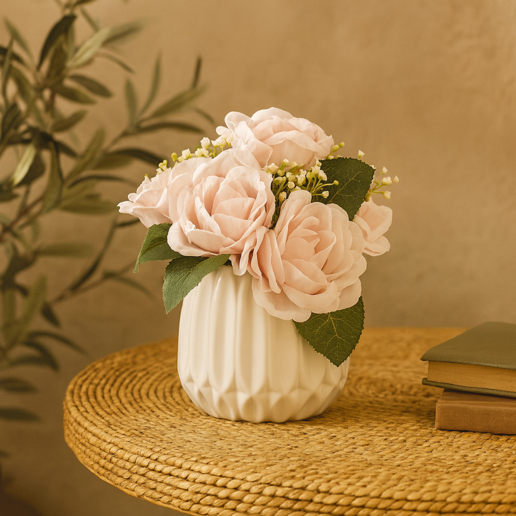 Hydrangea and Pom Pom Pink Fabric Indoor Outdoor Artificial Flower with Green Leaves and Round Ceramic Vase