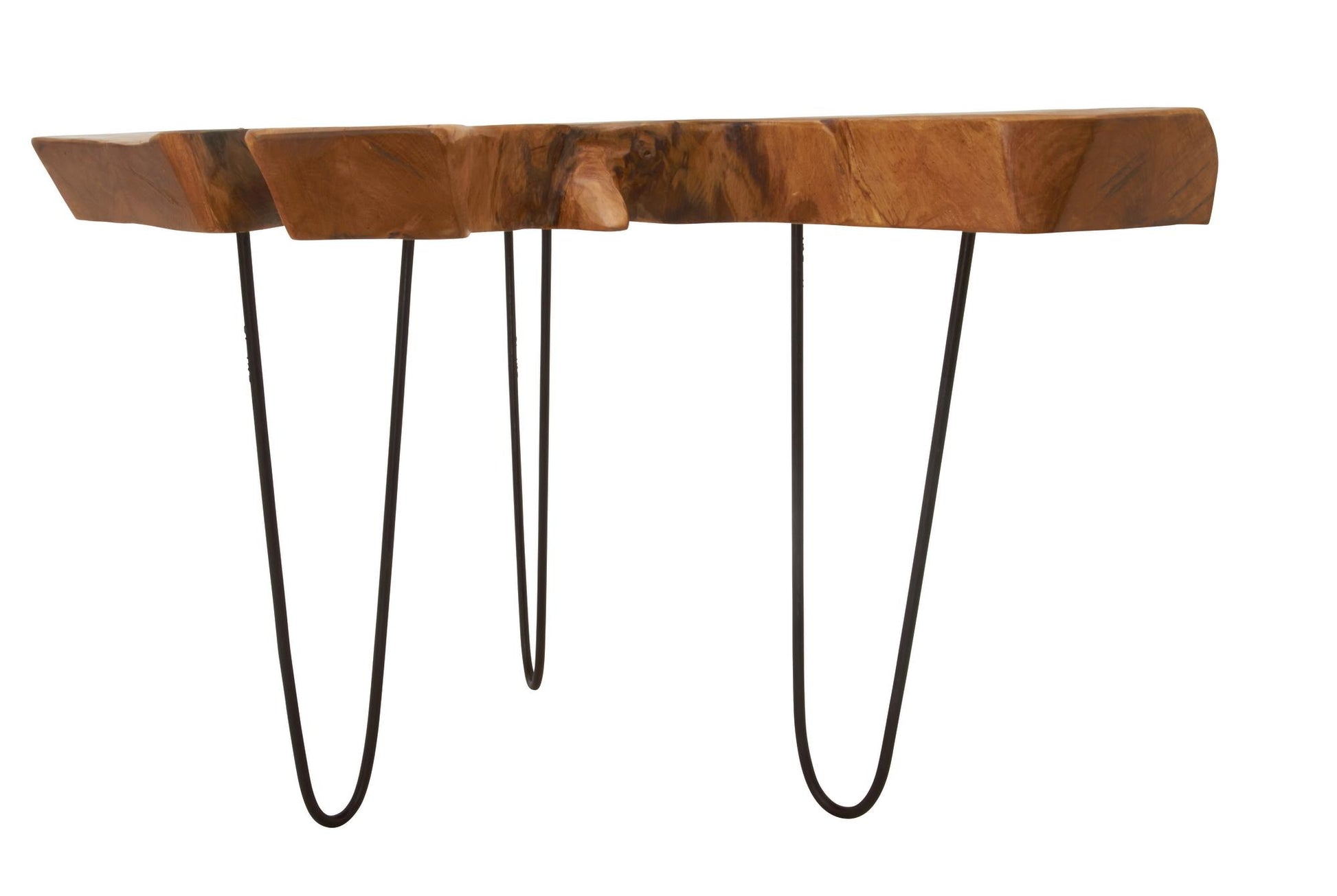 Brown Teak Wood Handmade Live Edge Living Room Coffee Table with Black Metal Hairpin Legs