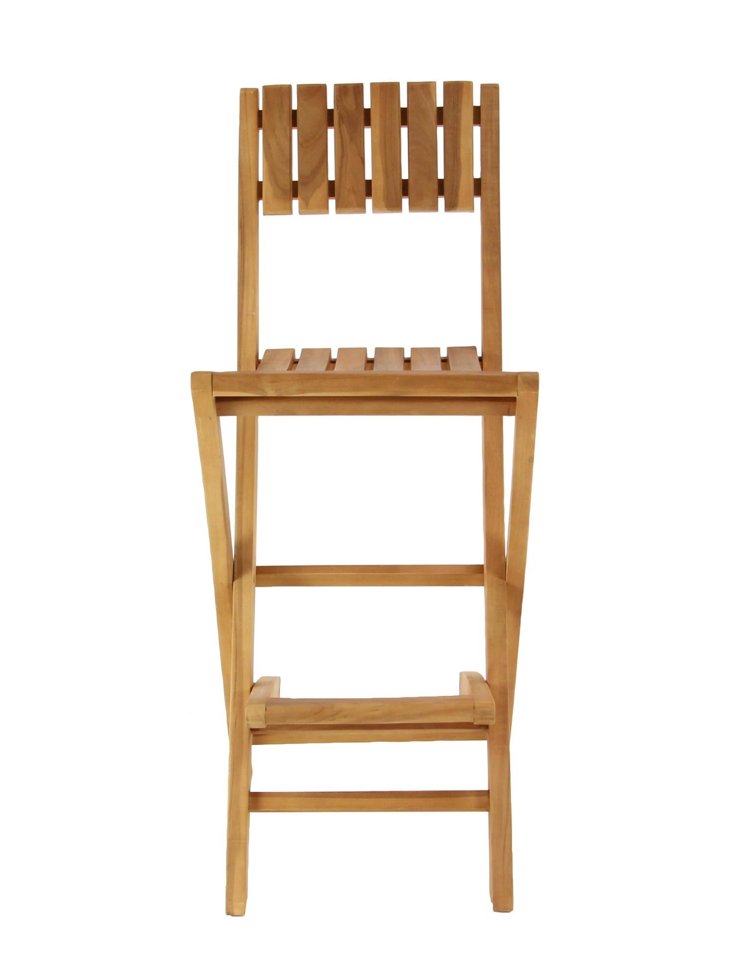Set of 2 Brown Teak Wood Indoor Outdoor Slatted Folding Kitchen Bar Stool with Footrest