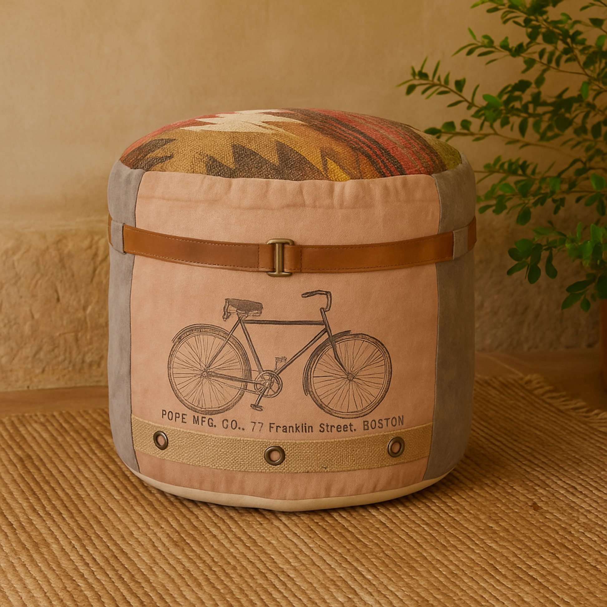 Canvas Room Pouf with Leather Accents 17" x 17" x 19"