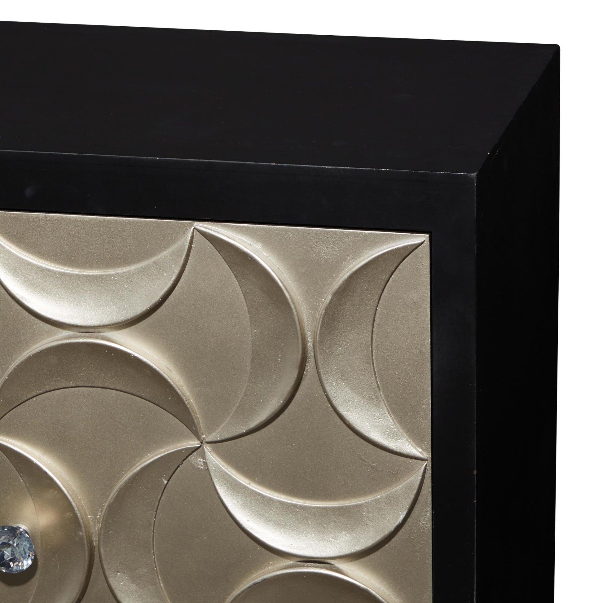 Moon Black Wooden Silver Crescent Relief Design 2 Door Room Cabinet with Crystal Knob Handles