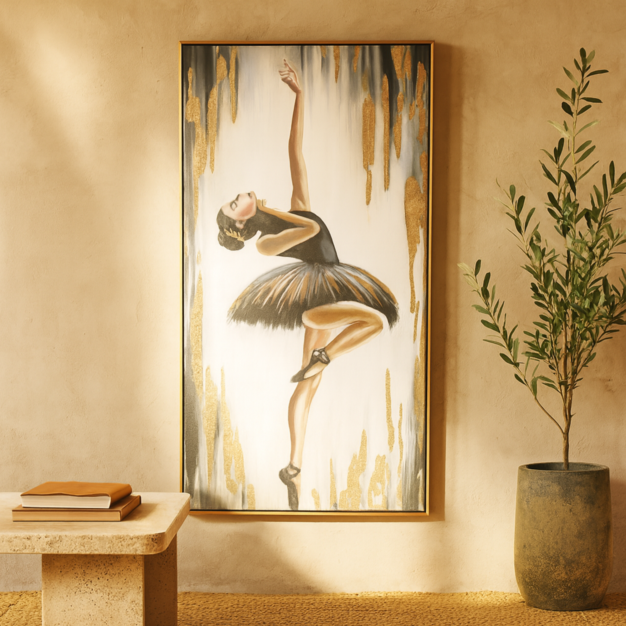 Dancer Gold Canvas Ballet Living Room Framed Wall Art with Black and Gold Foil Accents