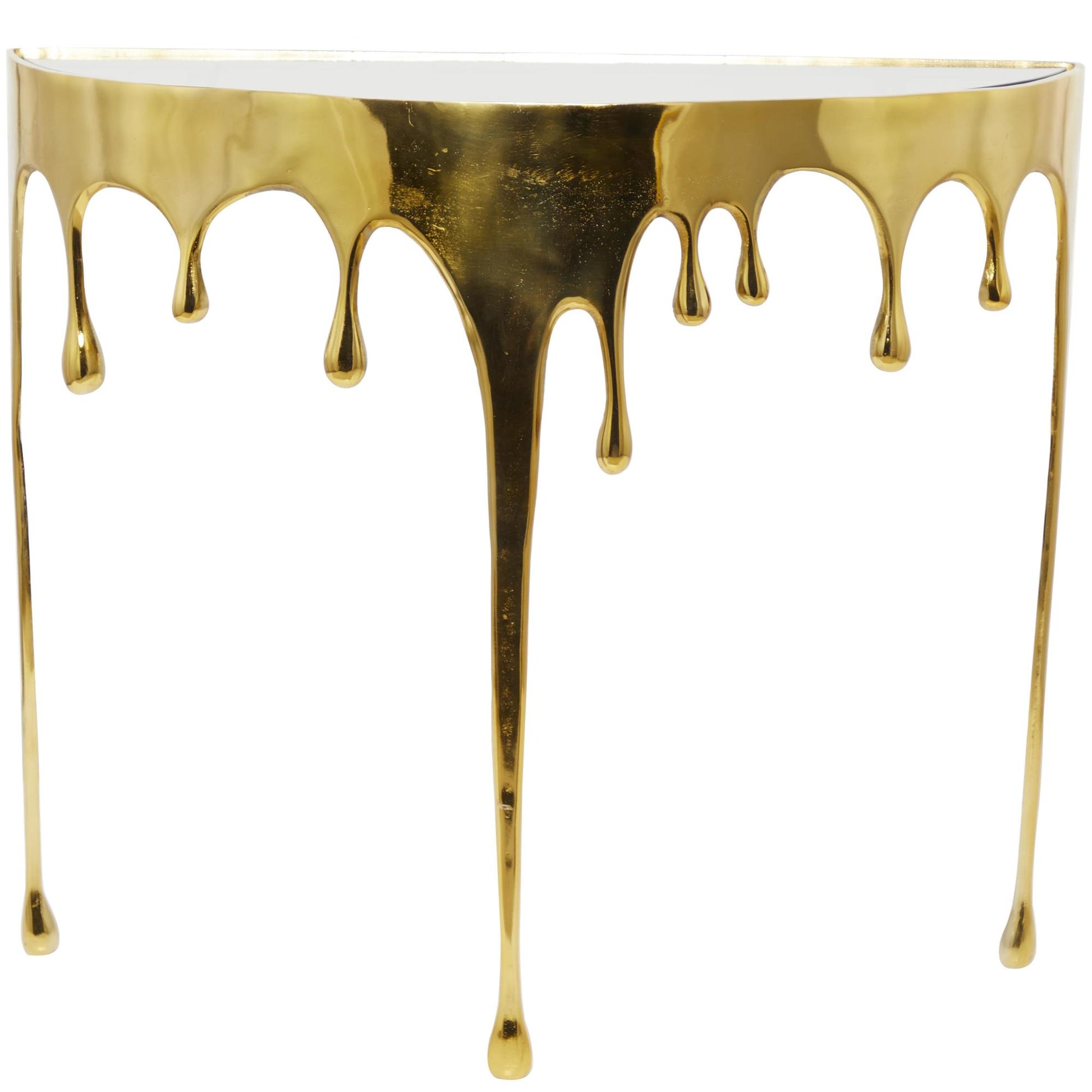 Abstract Aluminum Metal Crescent Drip Living Room Console Table with Melting Design Legs and Glass Top