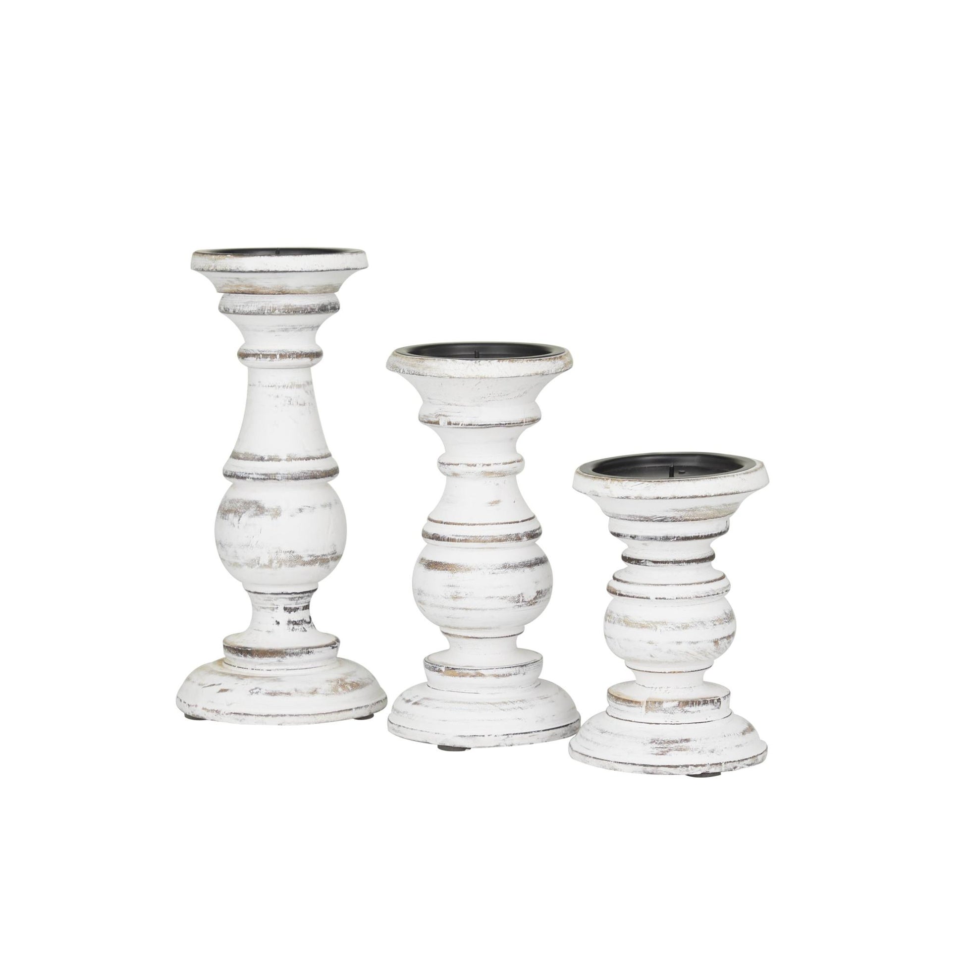 Set of 3 Mango Wood Distressed Turned Pillar Decorative Candle Holder