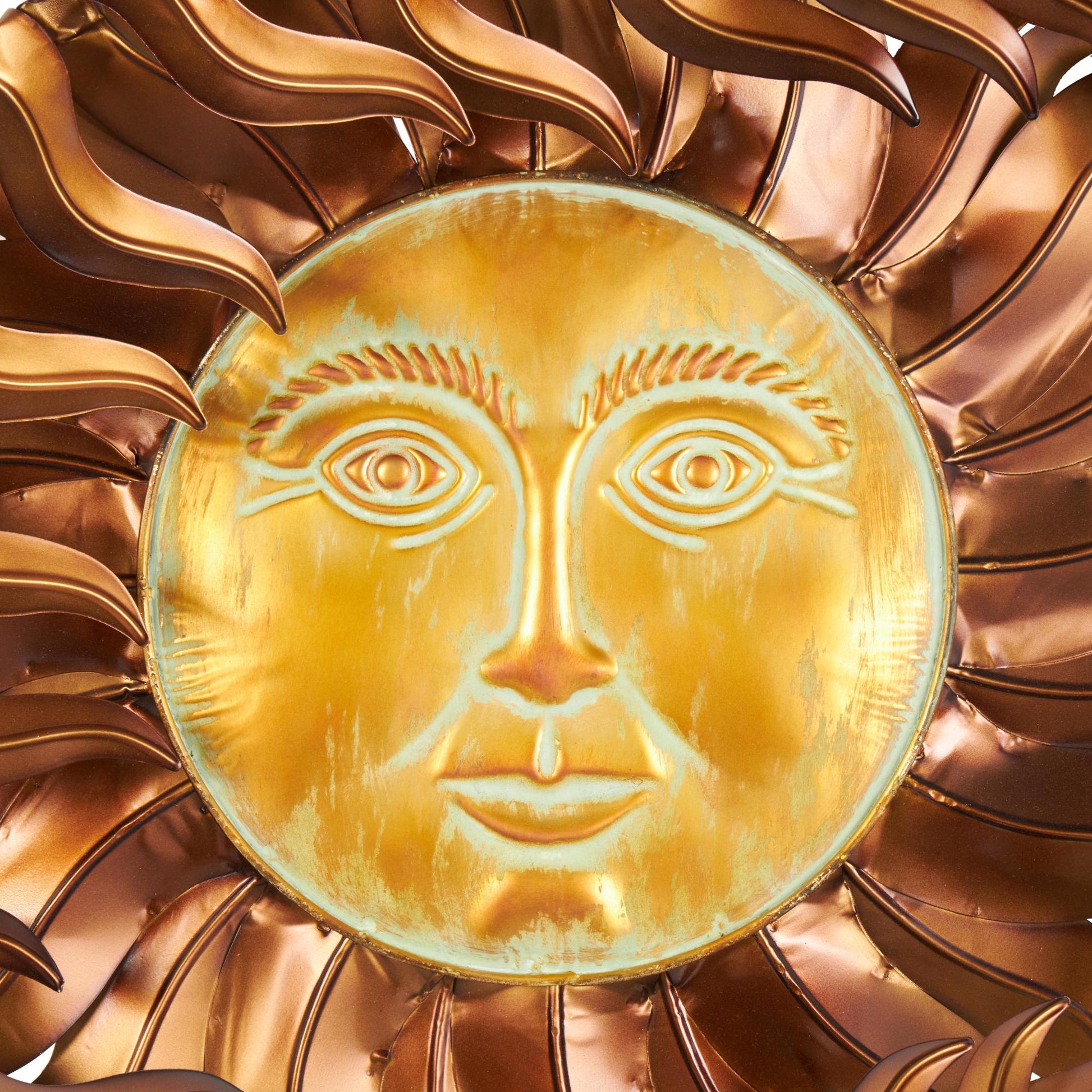 Sun Copper Metal Home Wall Decor with Gold Sun Face and Folded Wavy Rays