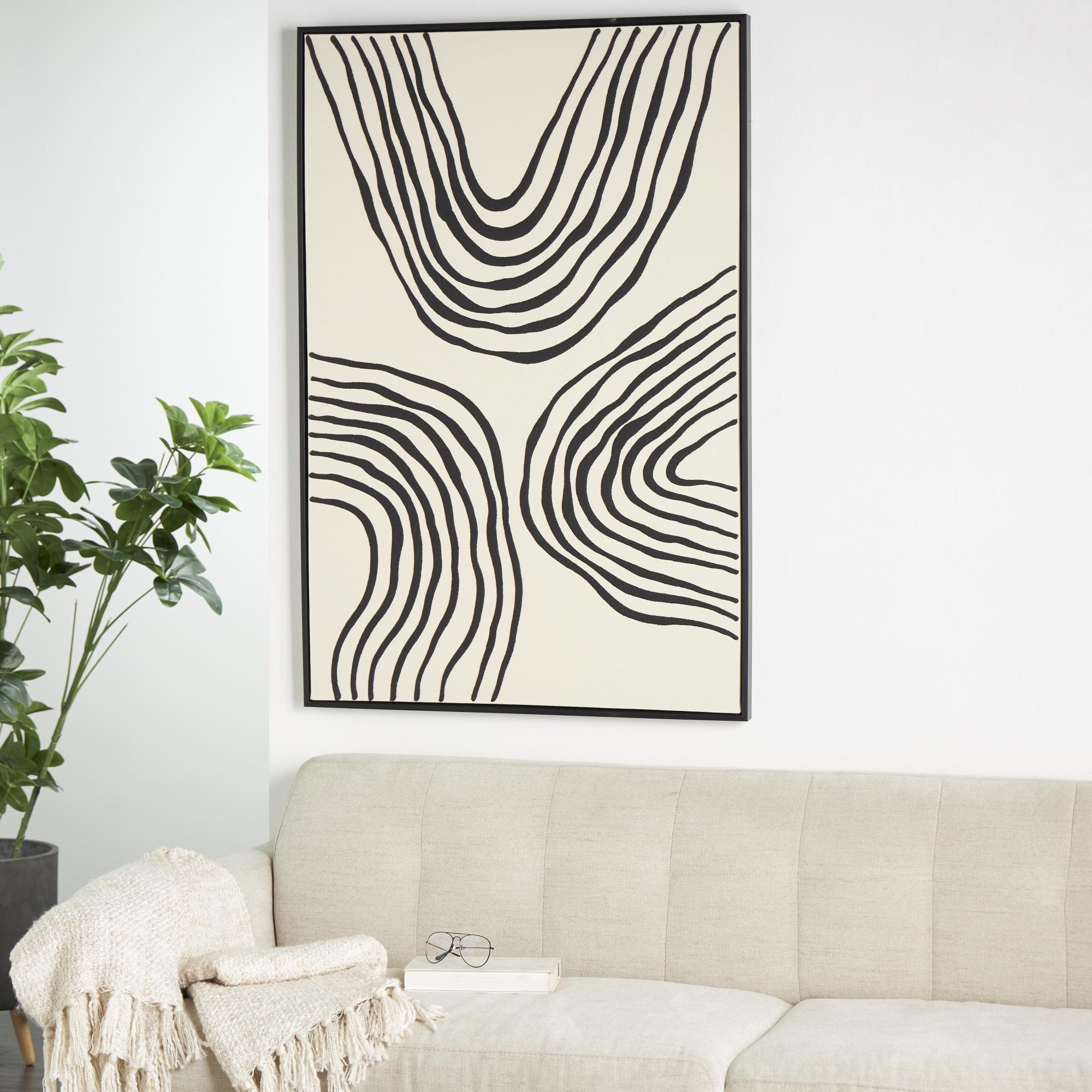 Abstract Black Wooden Wavy Line Living Room Framed Wall Art with Black Wooden Frame