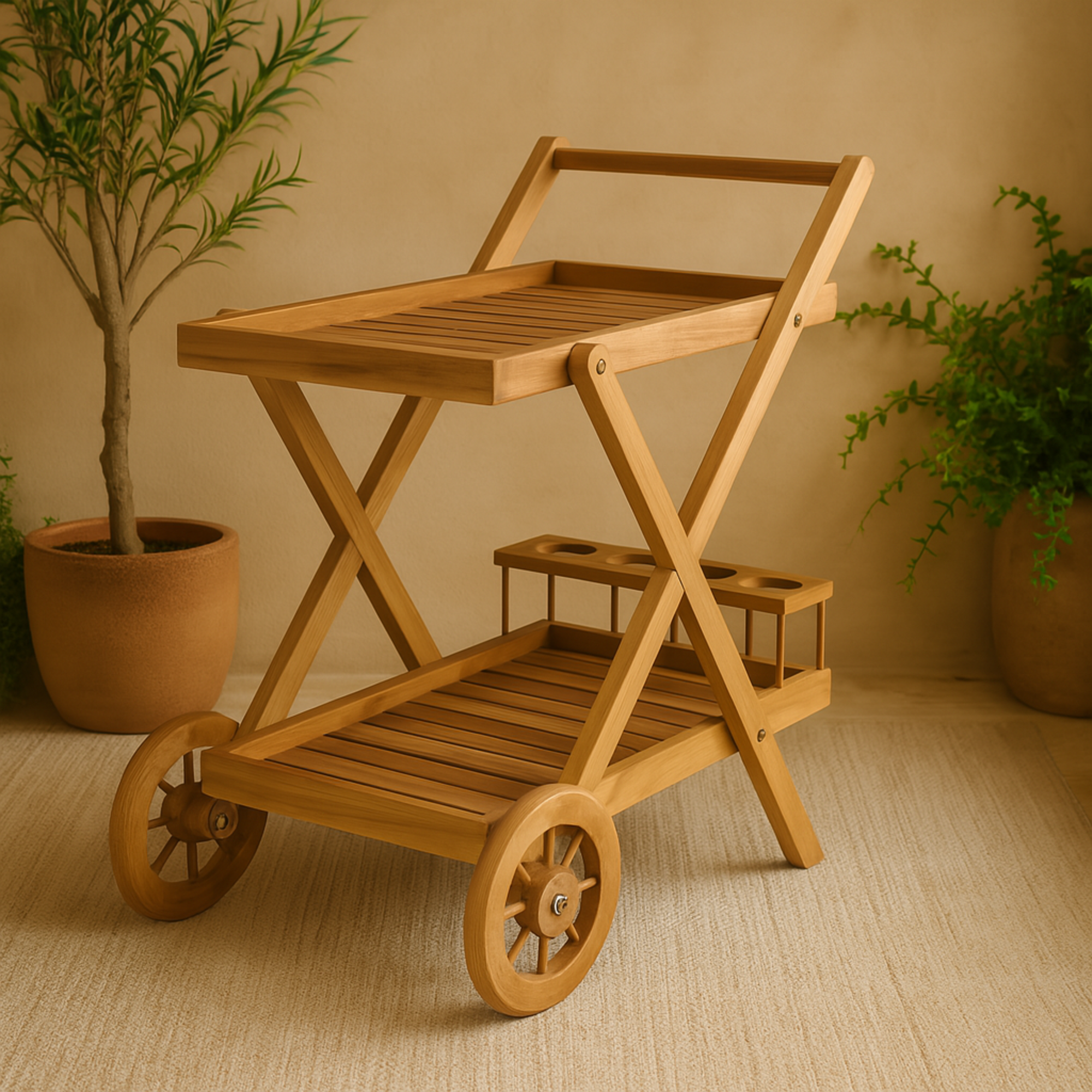 Brown Teak Wood Indoor Outdoor Rolling 2 Shelves Home Bar Cart with Wheels and Handle