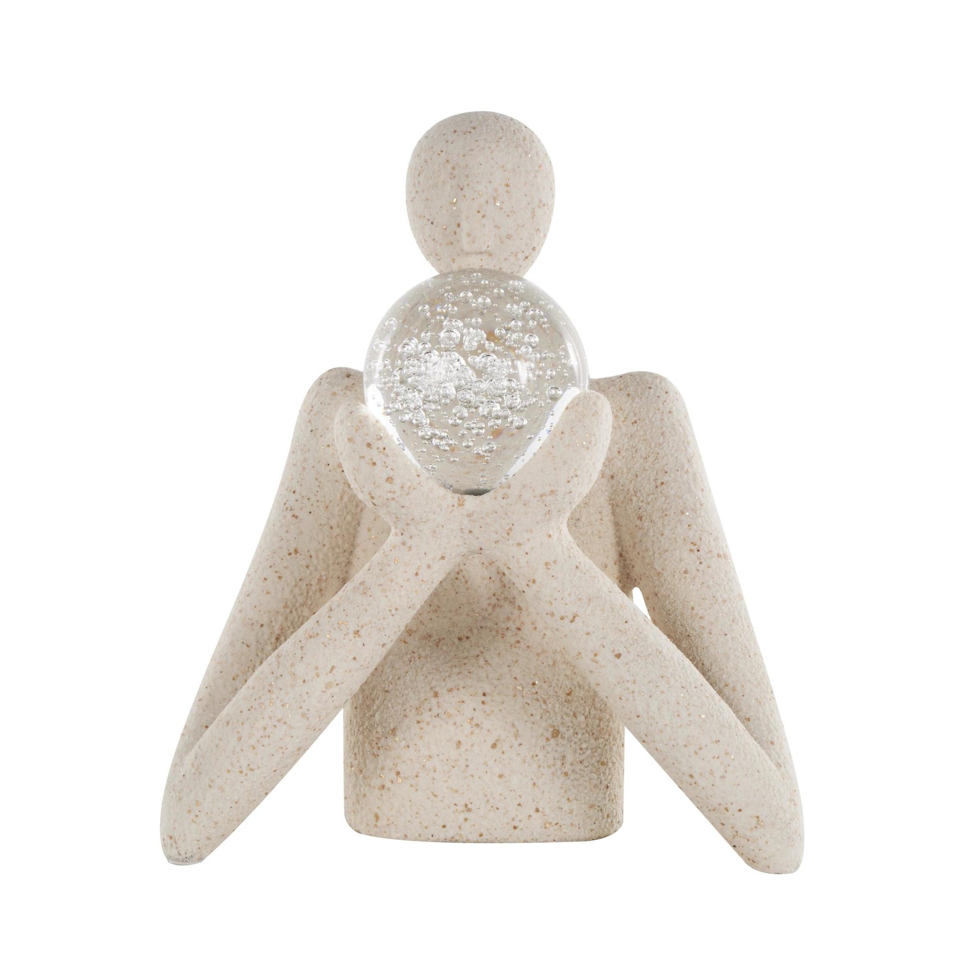 People Cream Polystone Abstract Textured Decorative Sculpture with Clear Glass Ball and Gold Speckles