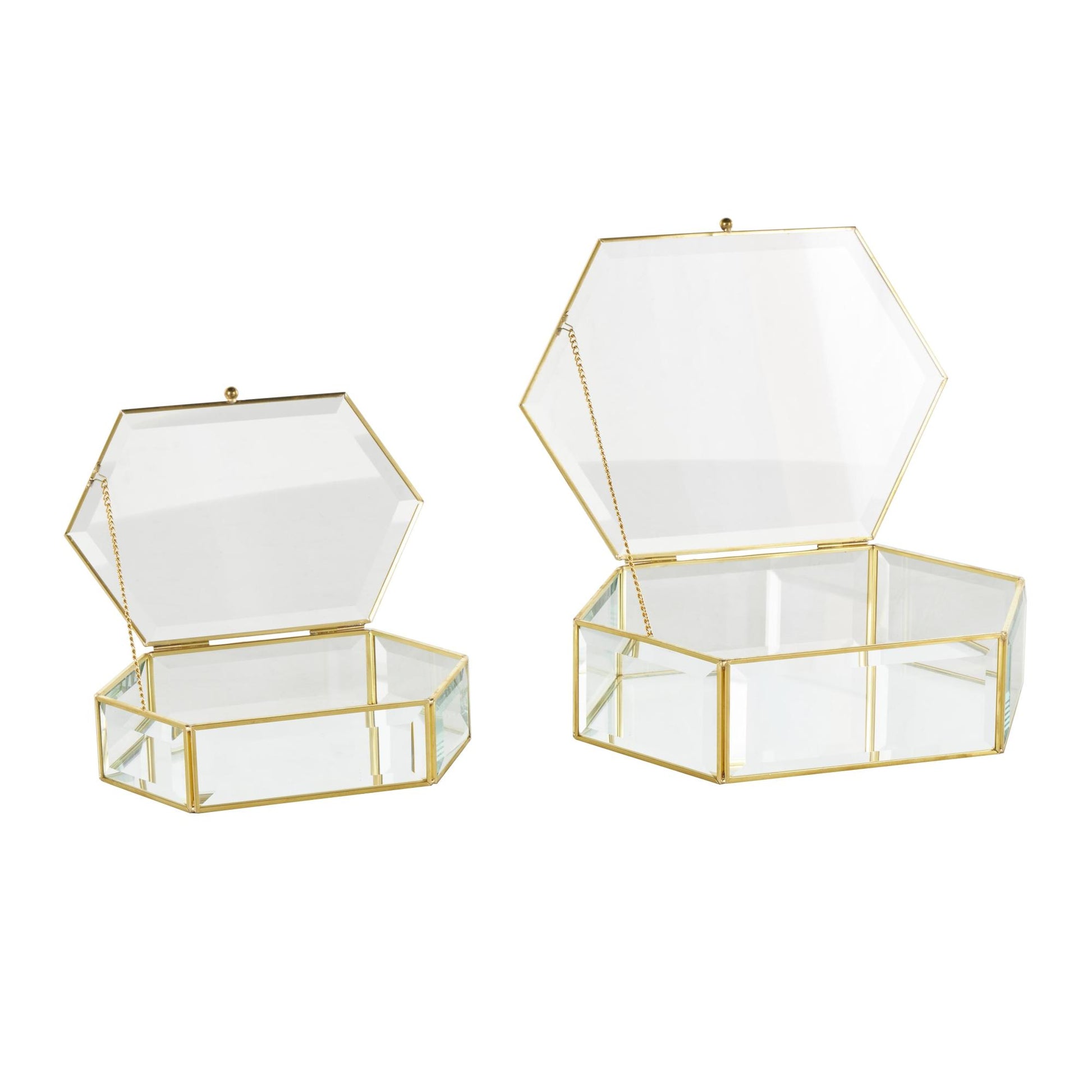 Set of 2 Geometric Clear Glass Beveled Hexagon Decorative Jewelry Box with Gold Metal Frame and Chain Accent