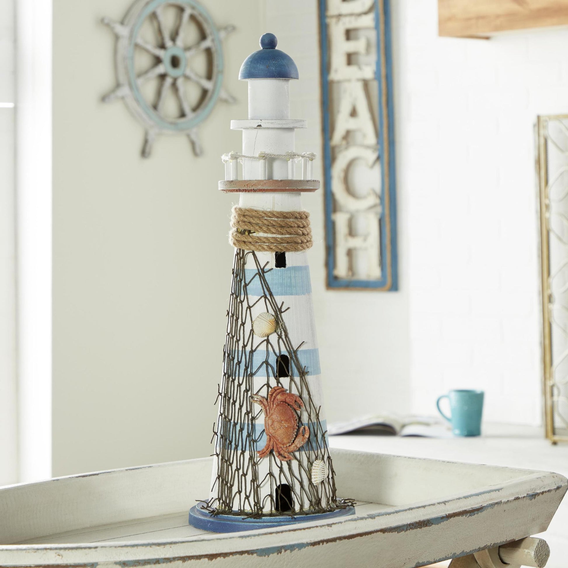 Light House Blue Wood Decorative Sculpture with Netting