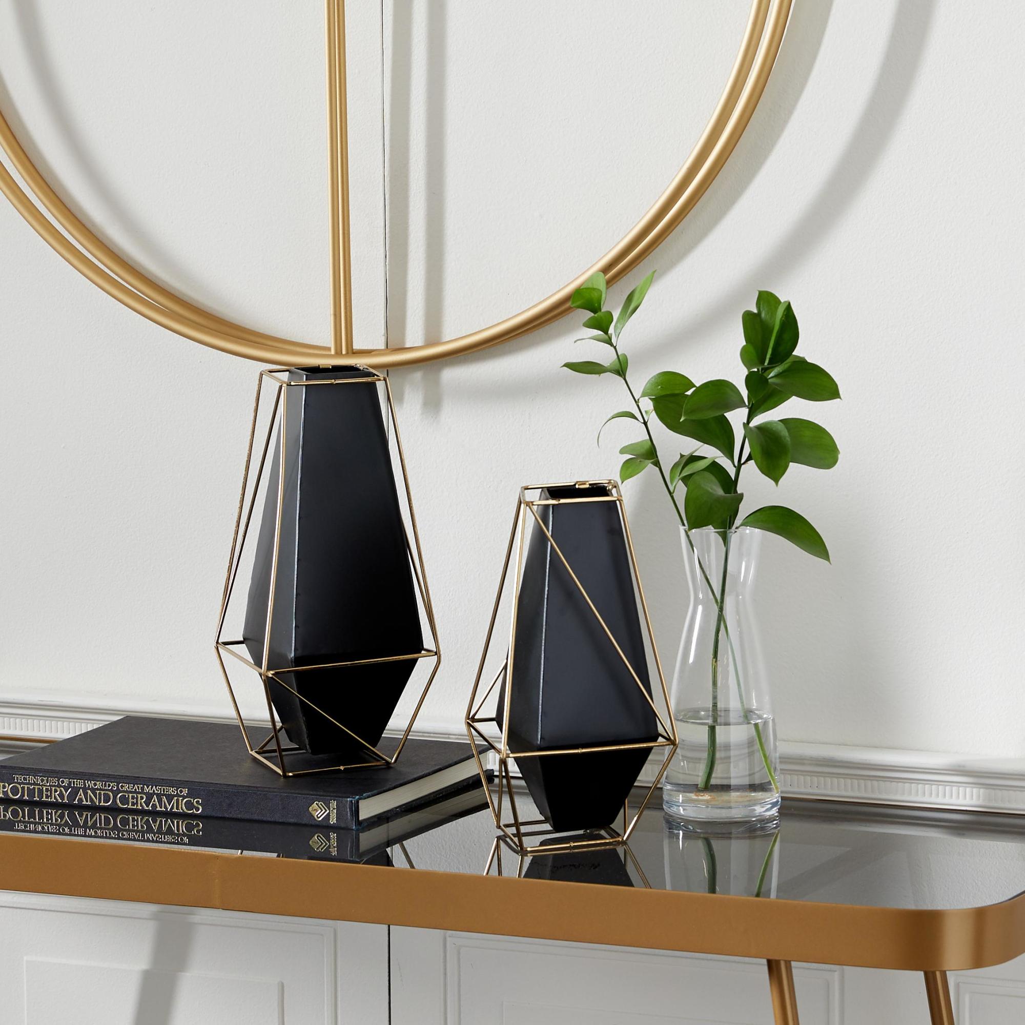 Set of 2 Geometric Black Metal Decorative Vase with Gold Wire Accents