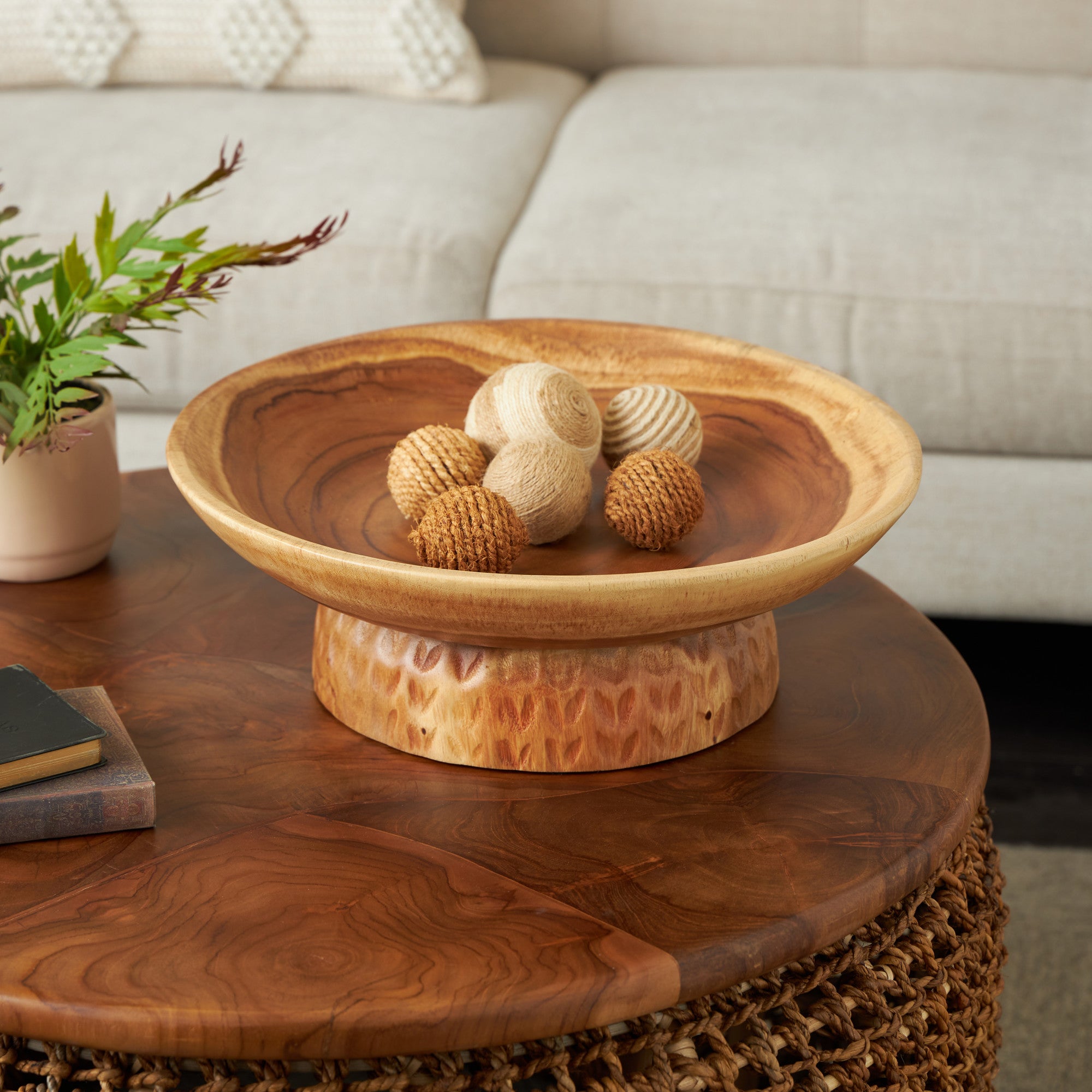 Brown Teak Wood Handmade Large Decorative Bowl with Elevated Base