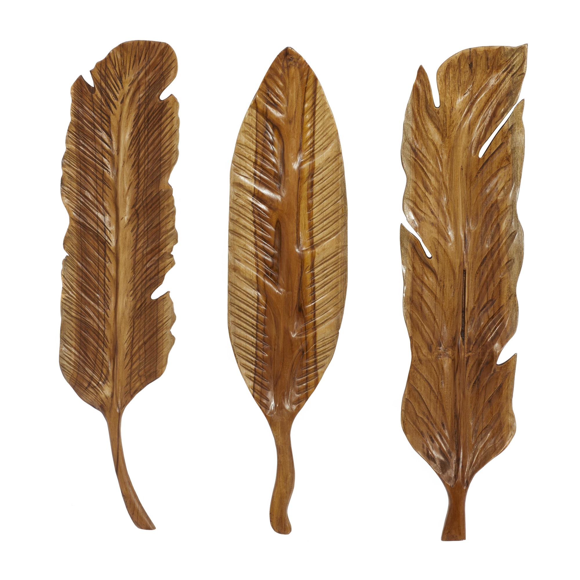 Set of 3 Leaf Brown Teak Wood Handmade Carved Feather Home Wall Decor