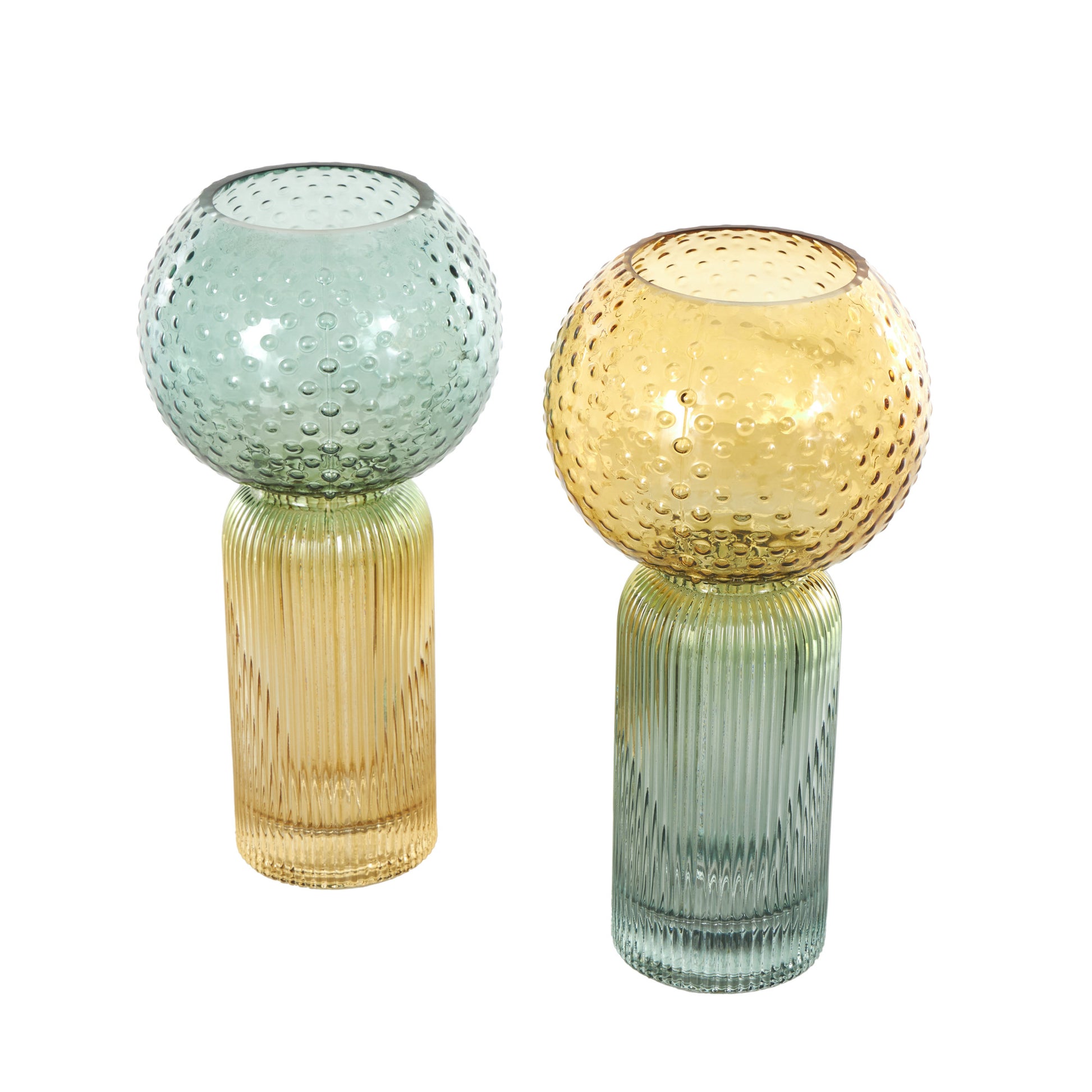 Set of 2 Geometric Multi Colored Glass Ribbed Ombre Decorative Vase