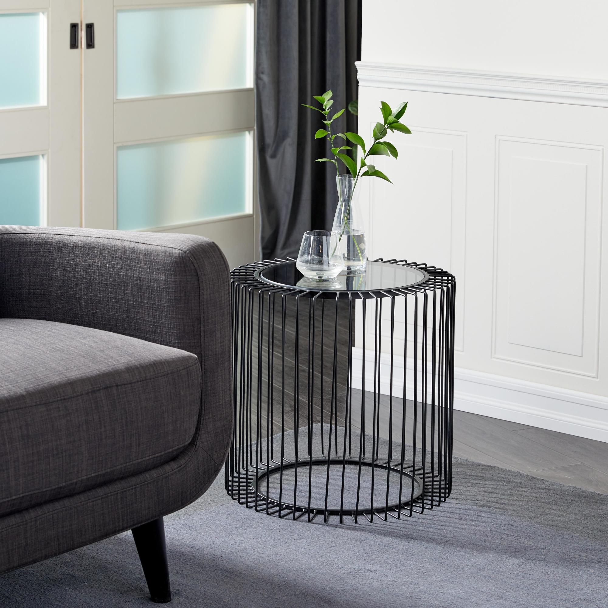 Black Metal Open Wire Frame Side End Accent Table with Shaded Glass Top