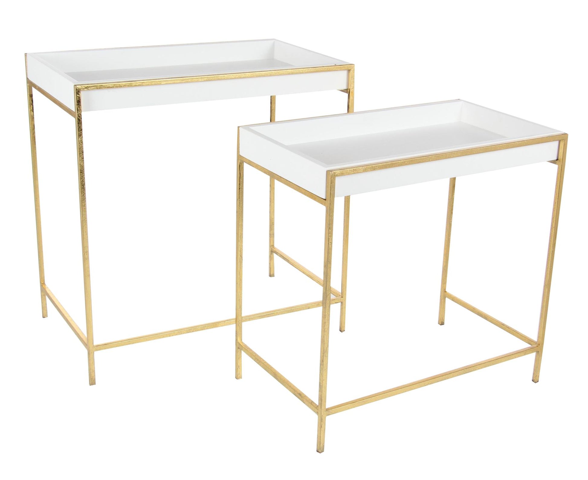 Set of 2 Geometric White Wooden Nesting Tray Top Side End Accent Table with Gold Metal Legs