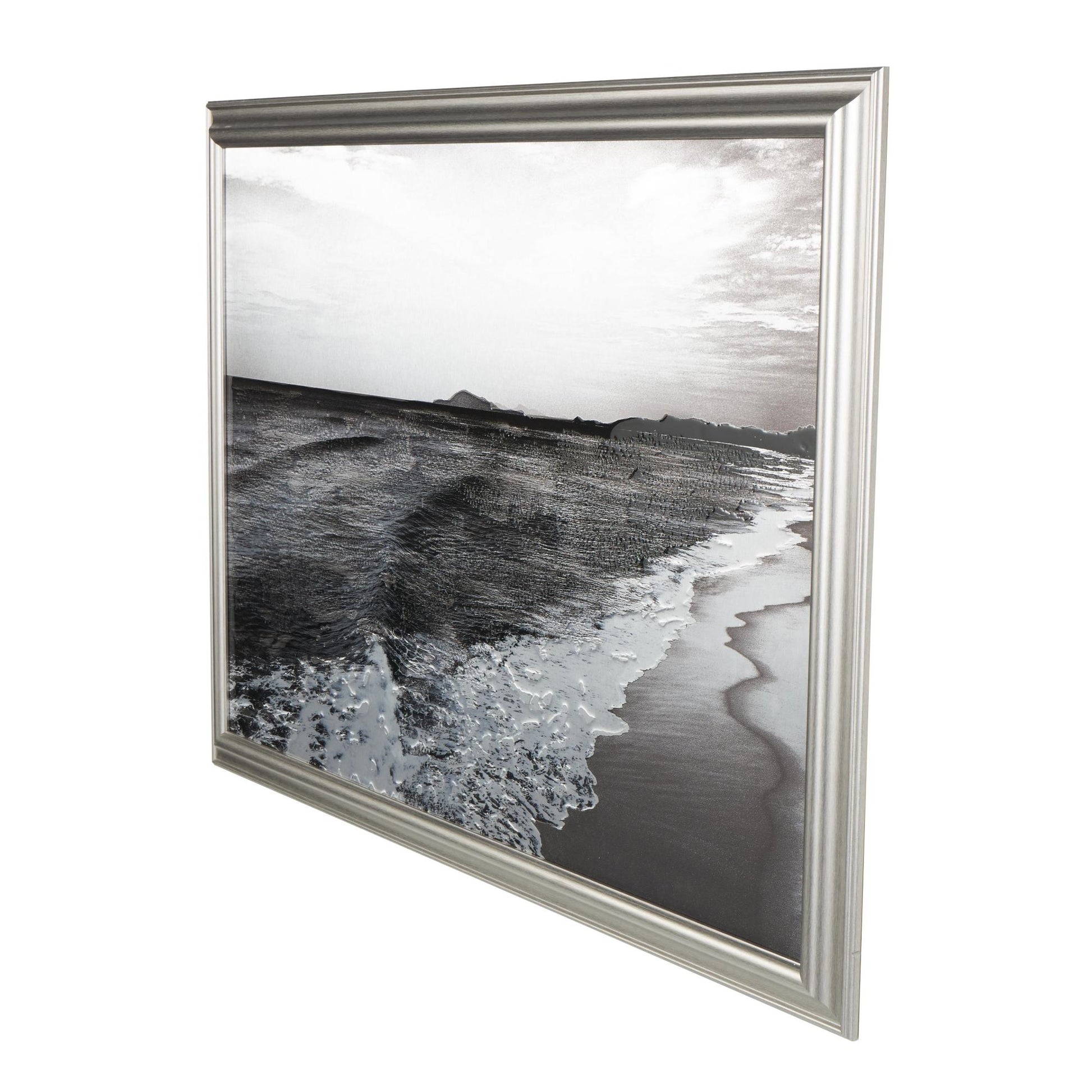 Landscape Silver Canvas Textured Ocean Living Room Framed Wall Art with Black and White Accents