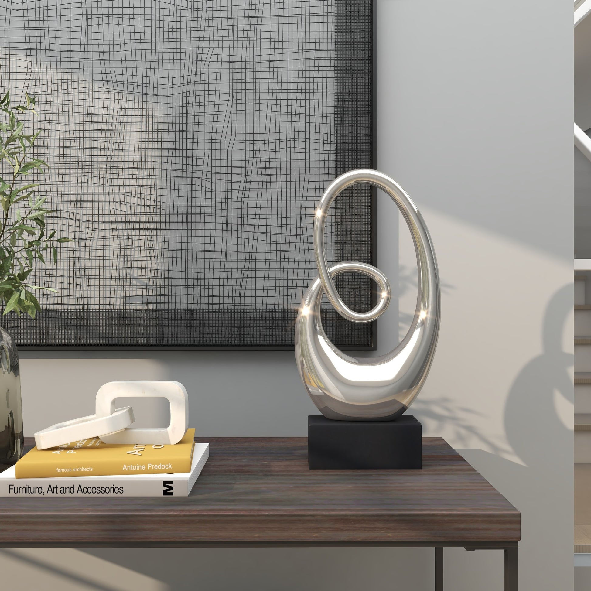 Abstract Ceramic Swirl Decorative Sculpture with Black Wooden Base