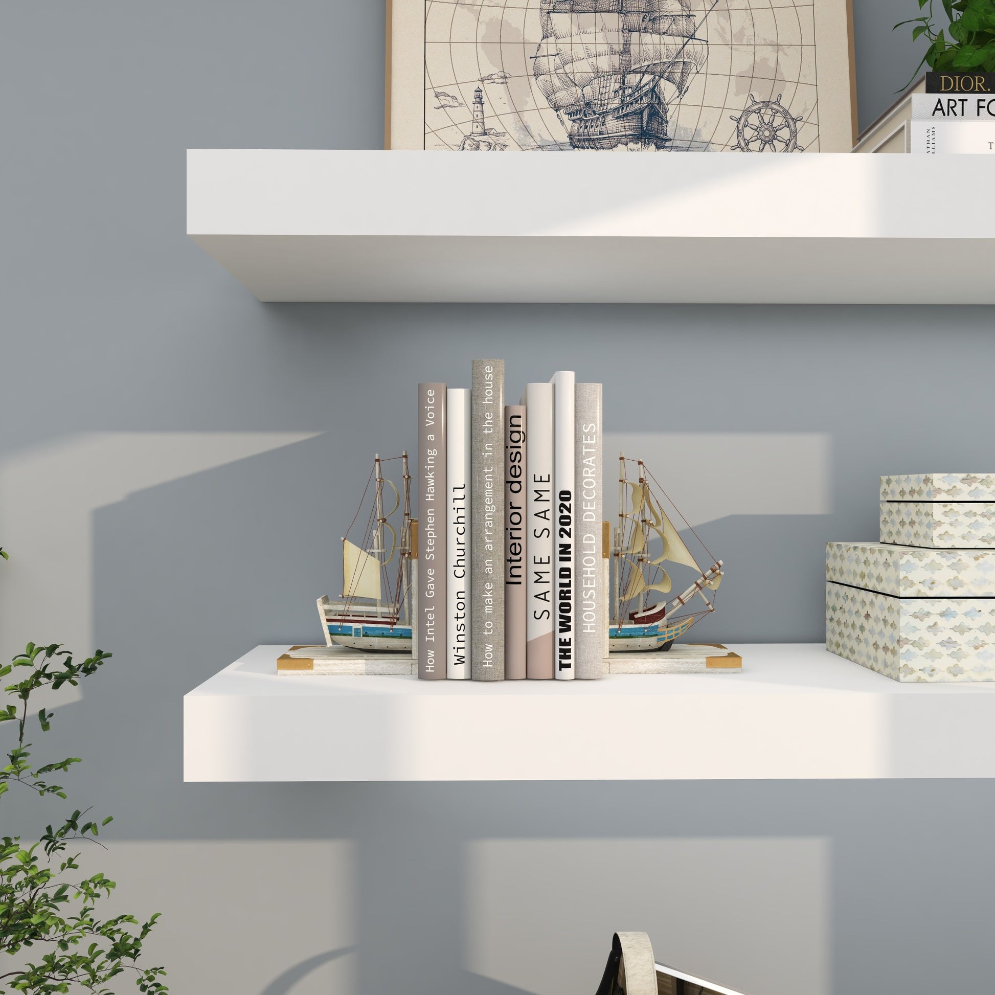 Set of 2 Sail Boat White Wood Decorative Bookends with Real Boat Rigging and Gold Corners