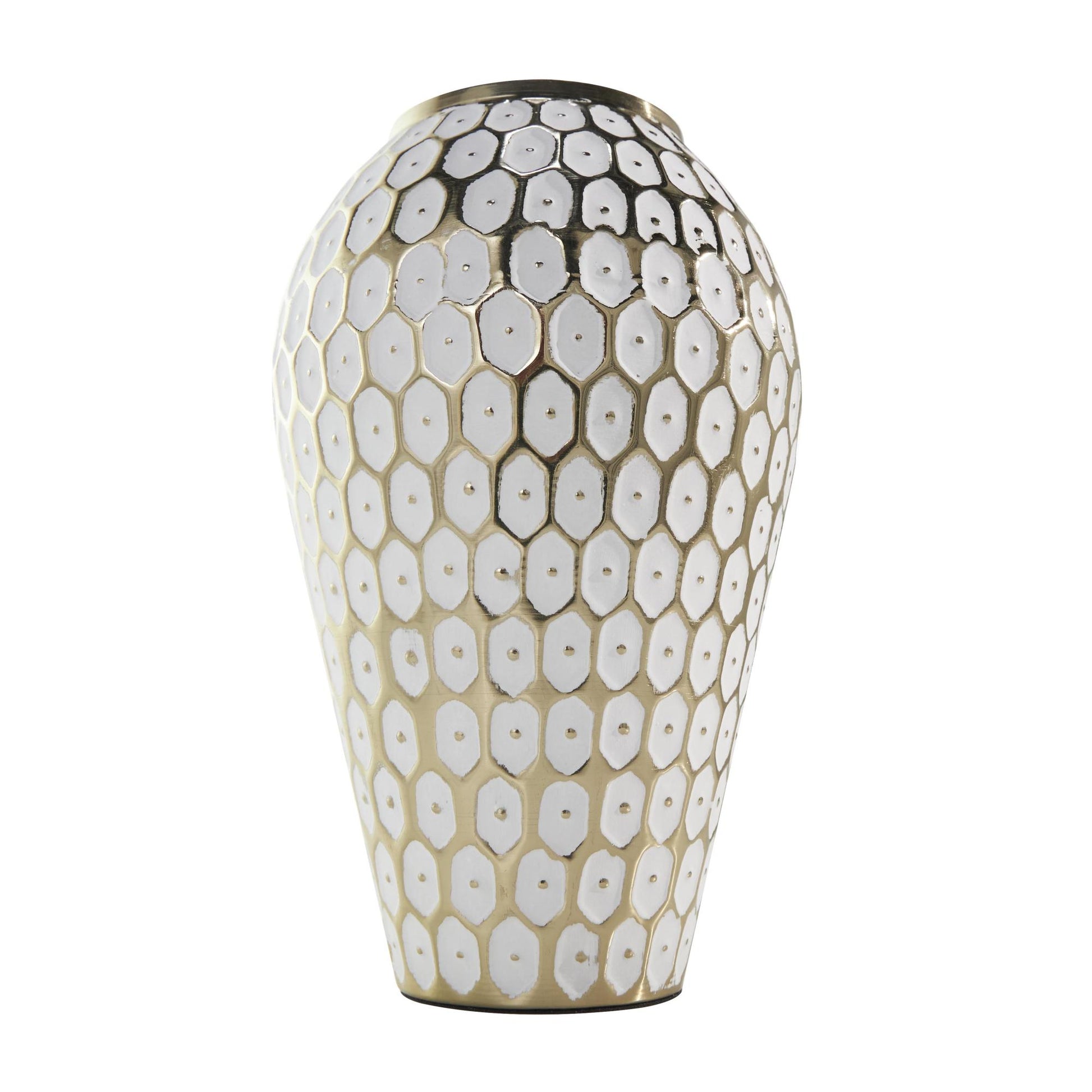 Geometric Gold Metal Geometric Dot Decorative Vase with White Accents