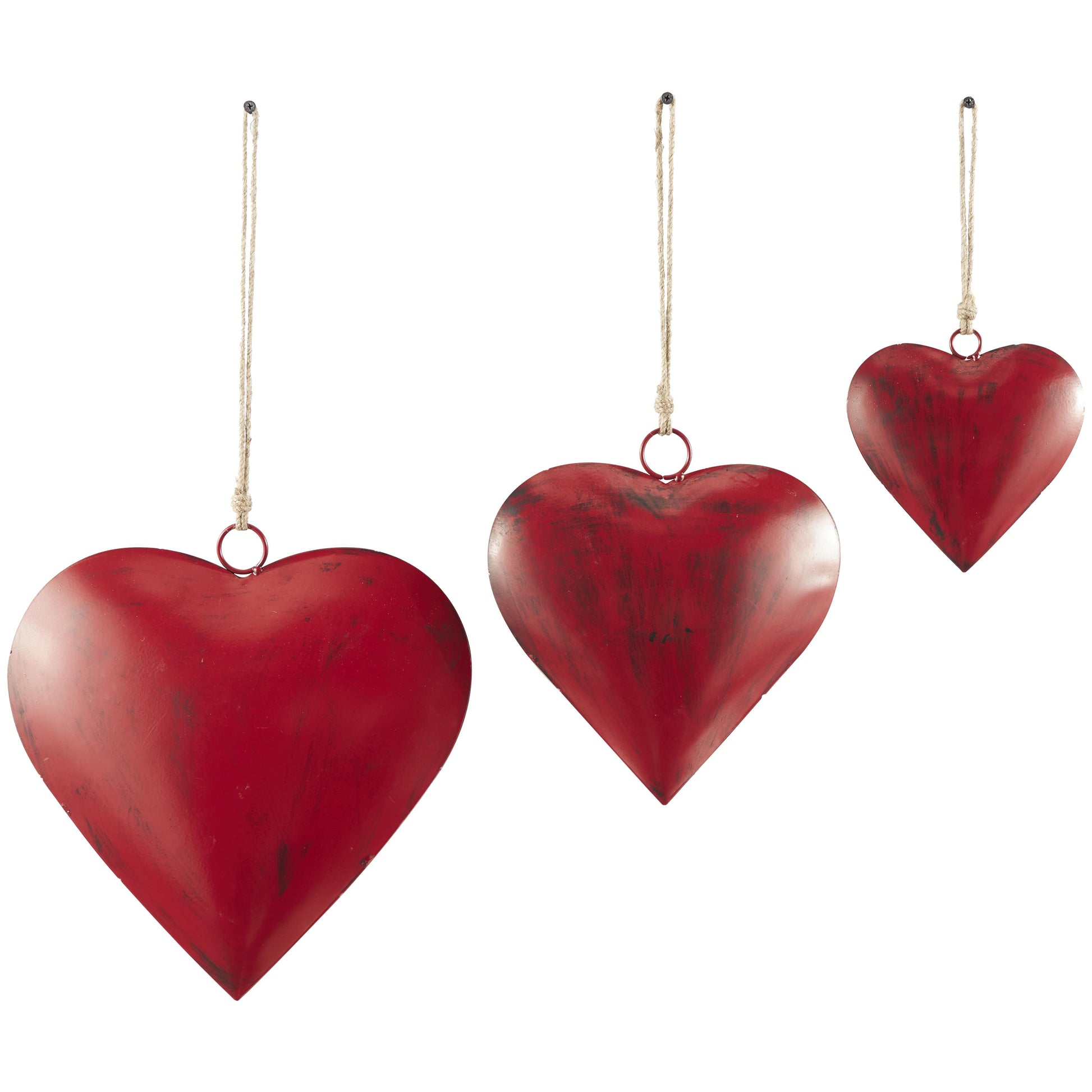 Set of 3 Heart Metal Tibetan Inspired Weathered Indoor Outdoor Decorative Bells with Jute Hanging Rope