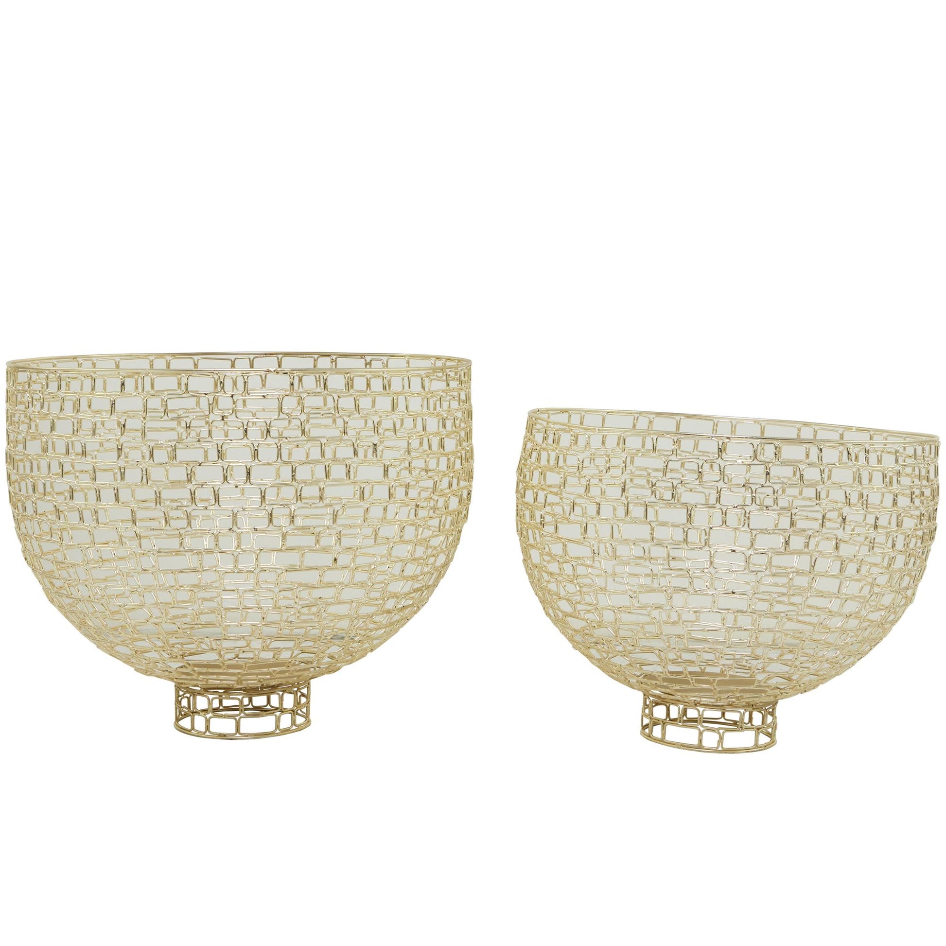 Set of 2 Gold Metal Large Decorative Bowl with Chain Link Patterns