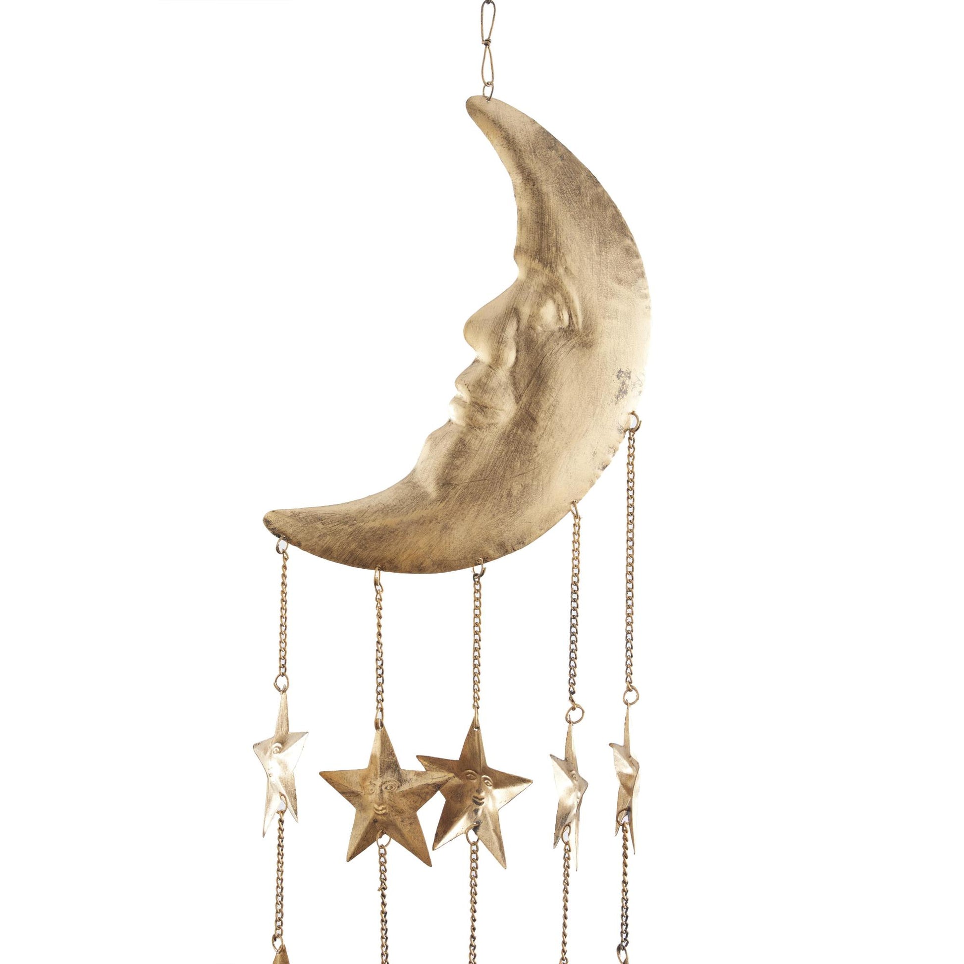 Sun and Moon Gold Metal Handmade Indoor Outdoor Windchime with Glass Beads and Cone Bells