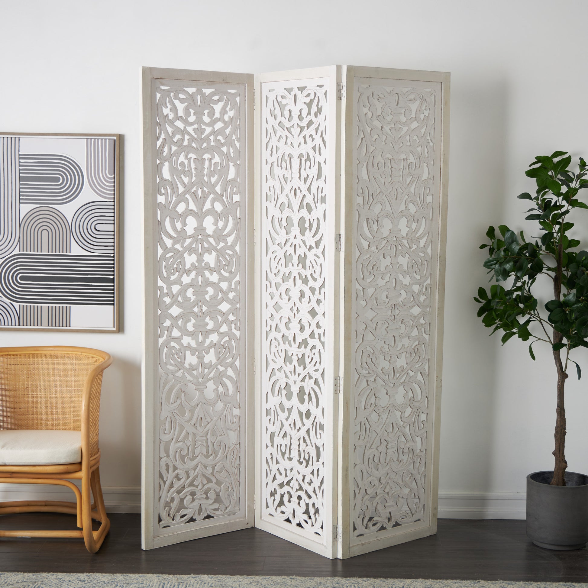 Floral White Wooden Handmade Foldable Partition 3 Panel Partition Room Divider Screen with Carved Design