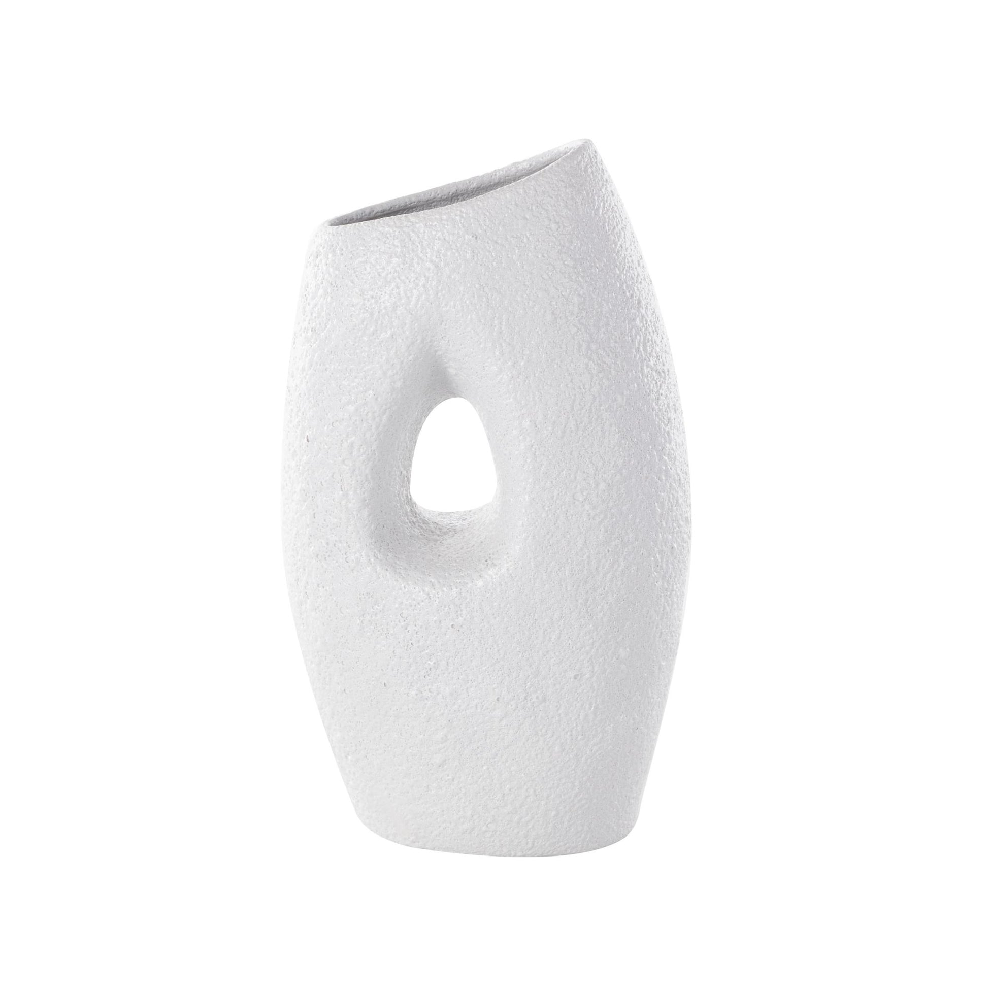 Abstract White Ceramic Textured Decorative Vase with Cutout Center
