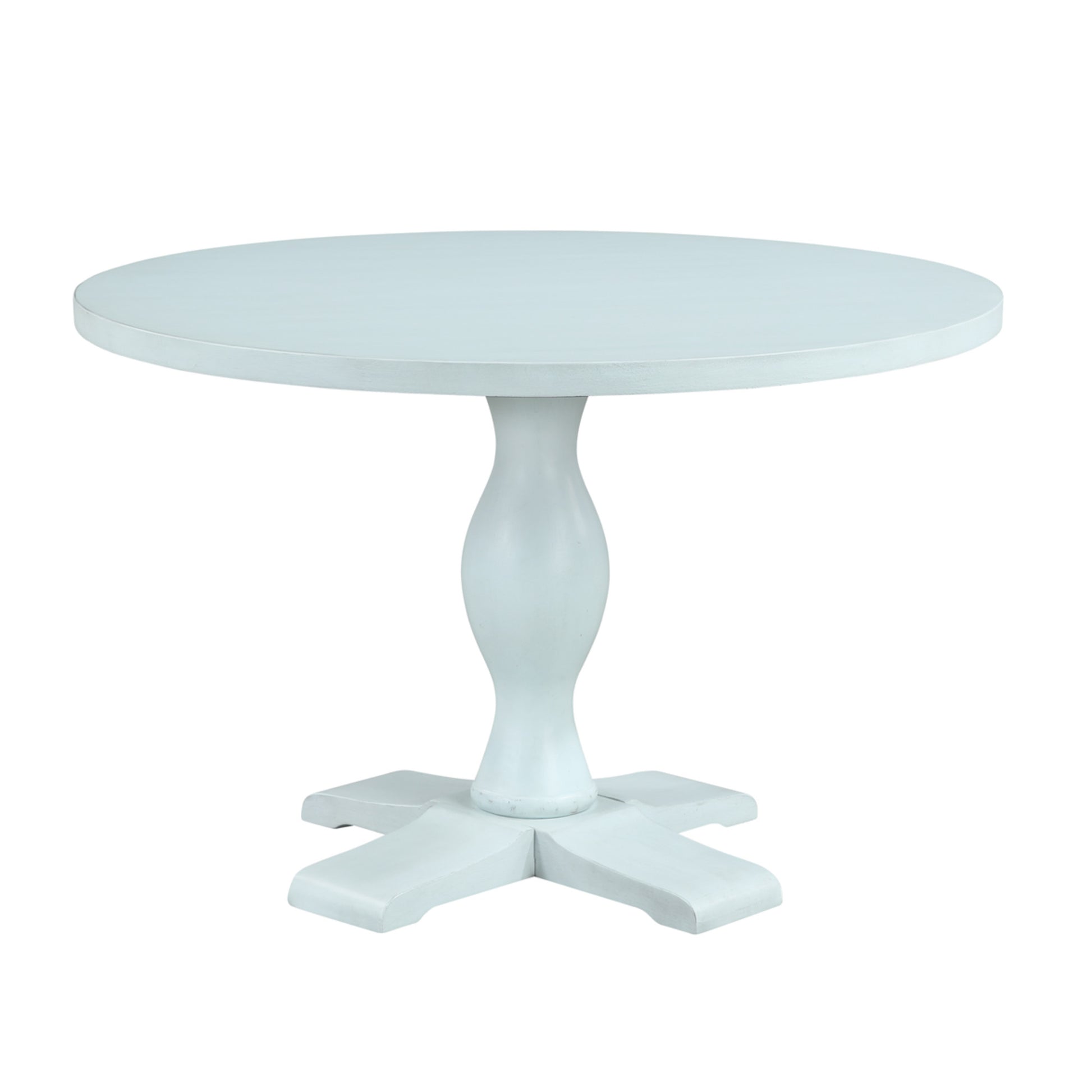 Light Blue Wood Round Kitchen Dining Table with Turned Pedestal Base and X Support