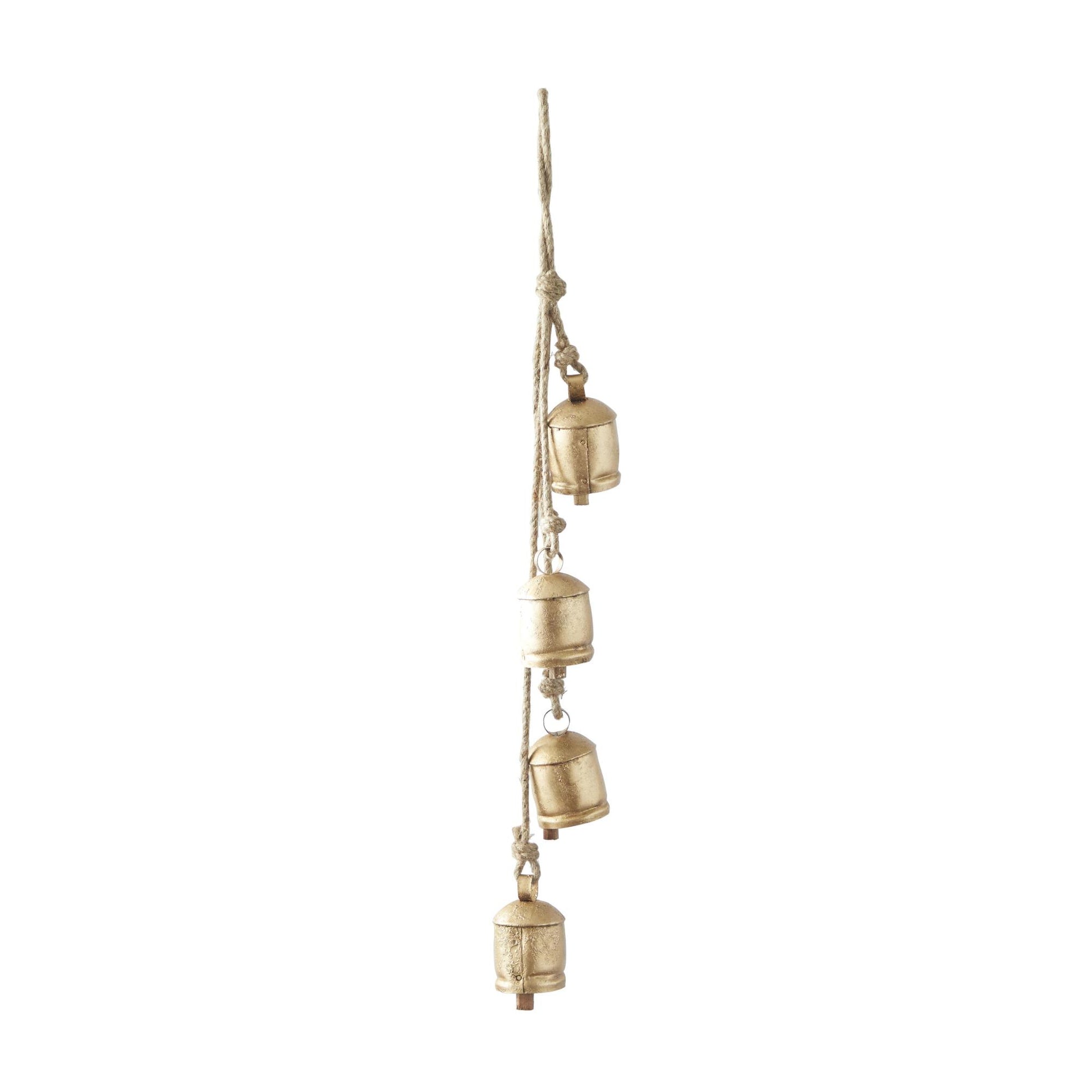 Metal Tibetan Inspired Indoor Outdoor Decorative Cow Bells with 4 Bells on Jute Hanging Rope