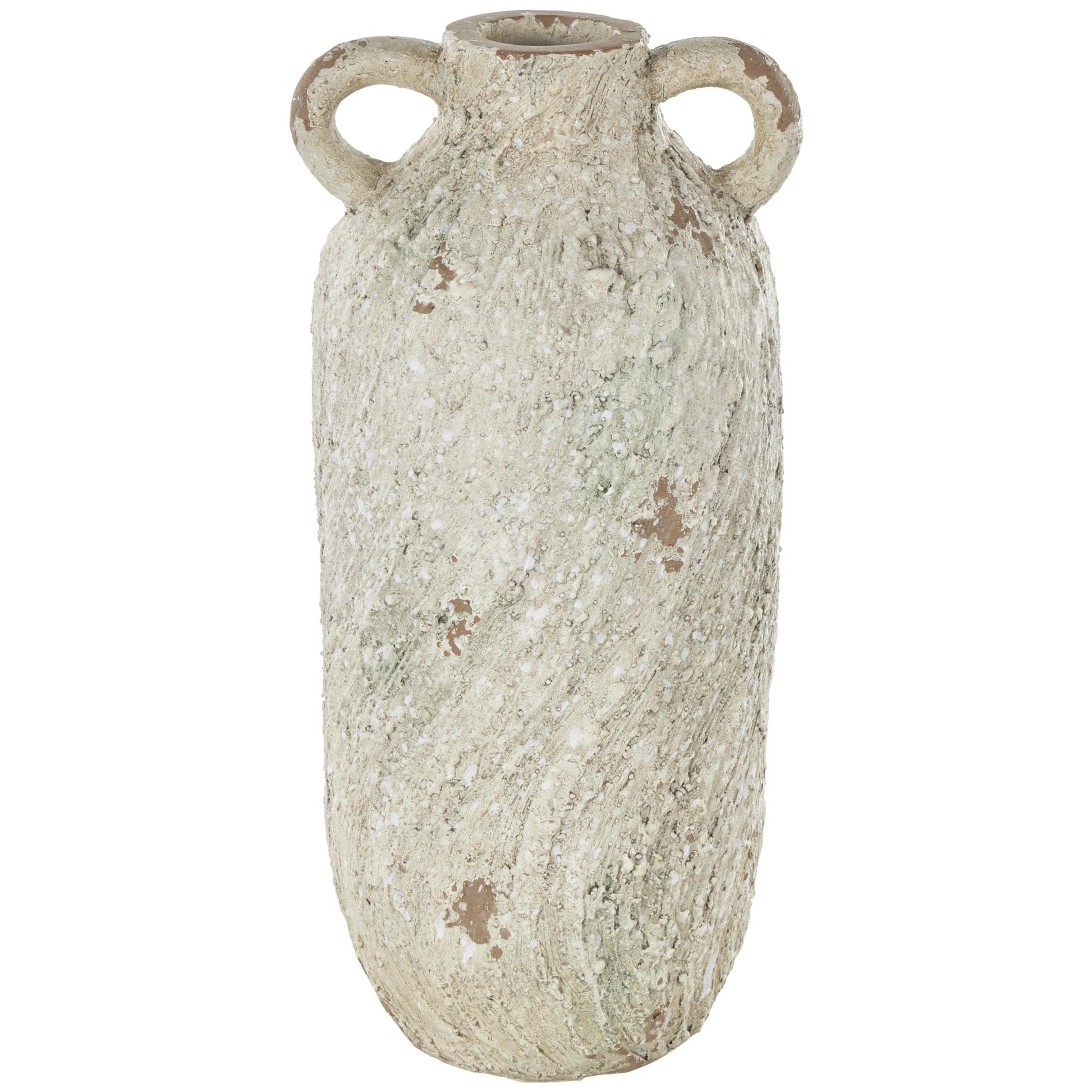 Cream Magnesium Oxide Antique Textured Amphora Decorative Vase with 2 Small Handles