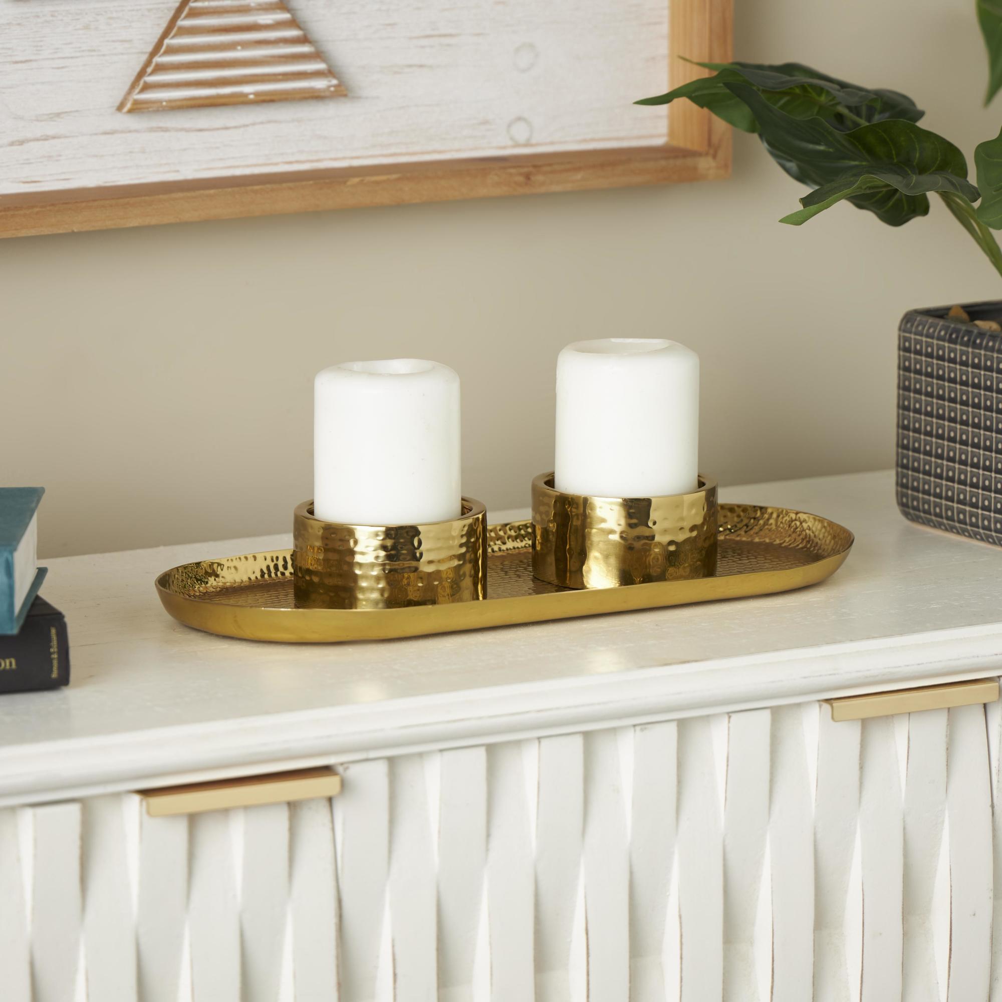 Stainless Steel Metal Hammered Decorative Candle Holder with Oval Tray Plate