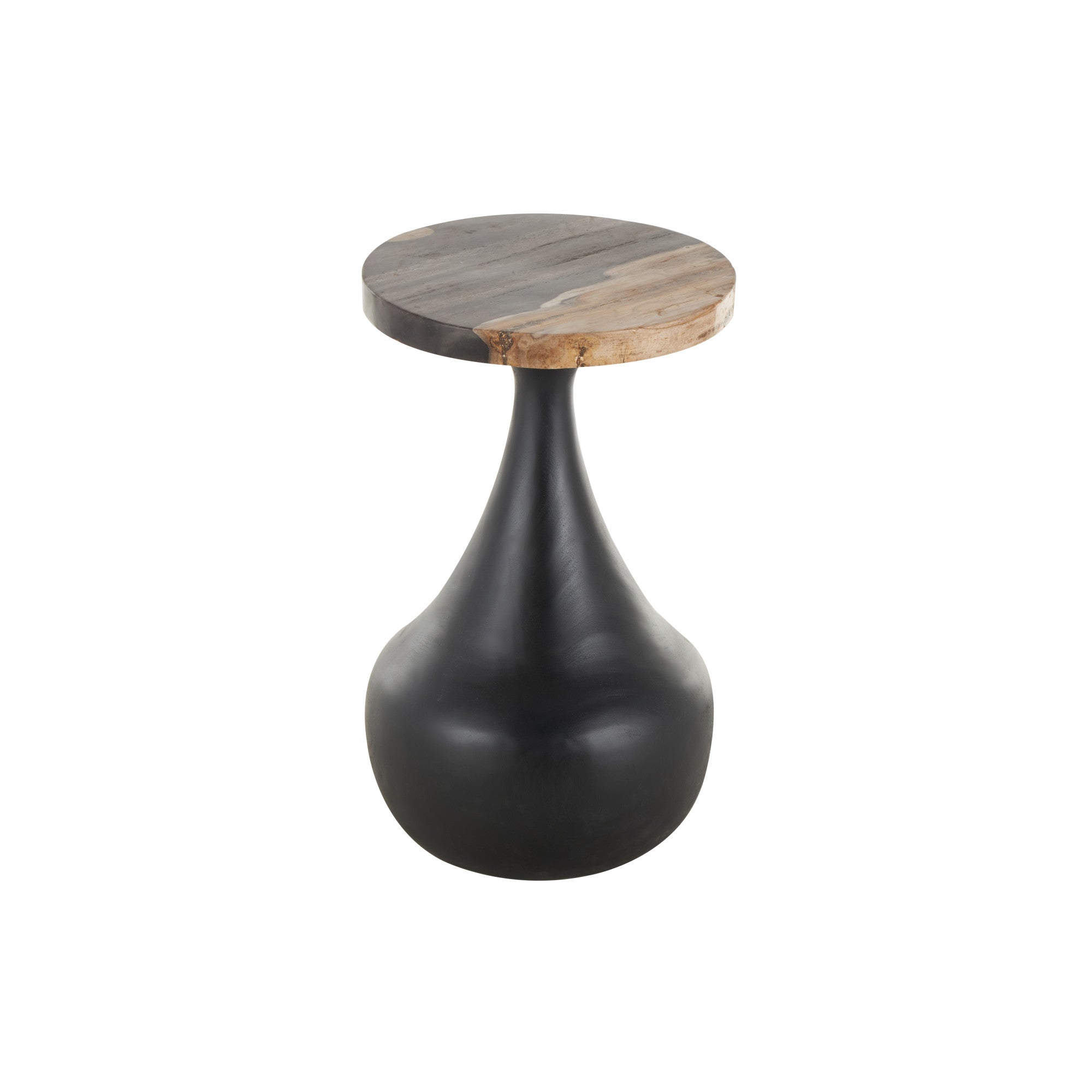 Black Teak Wood Handmade Fluted Side End Accent Table with Brown Tabletop