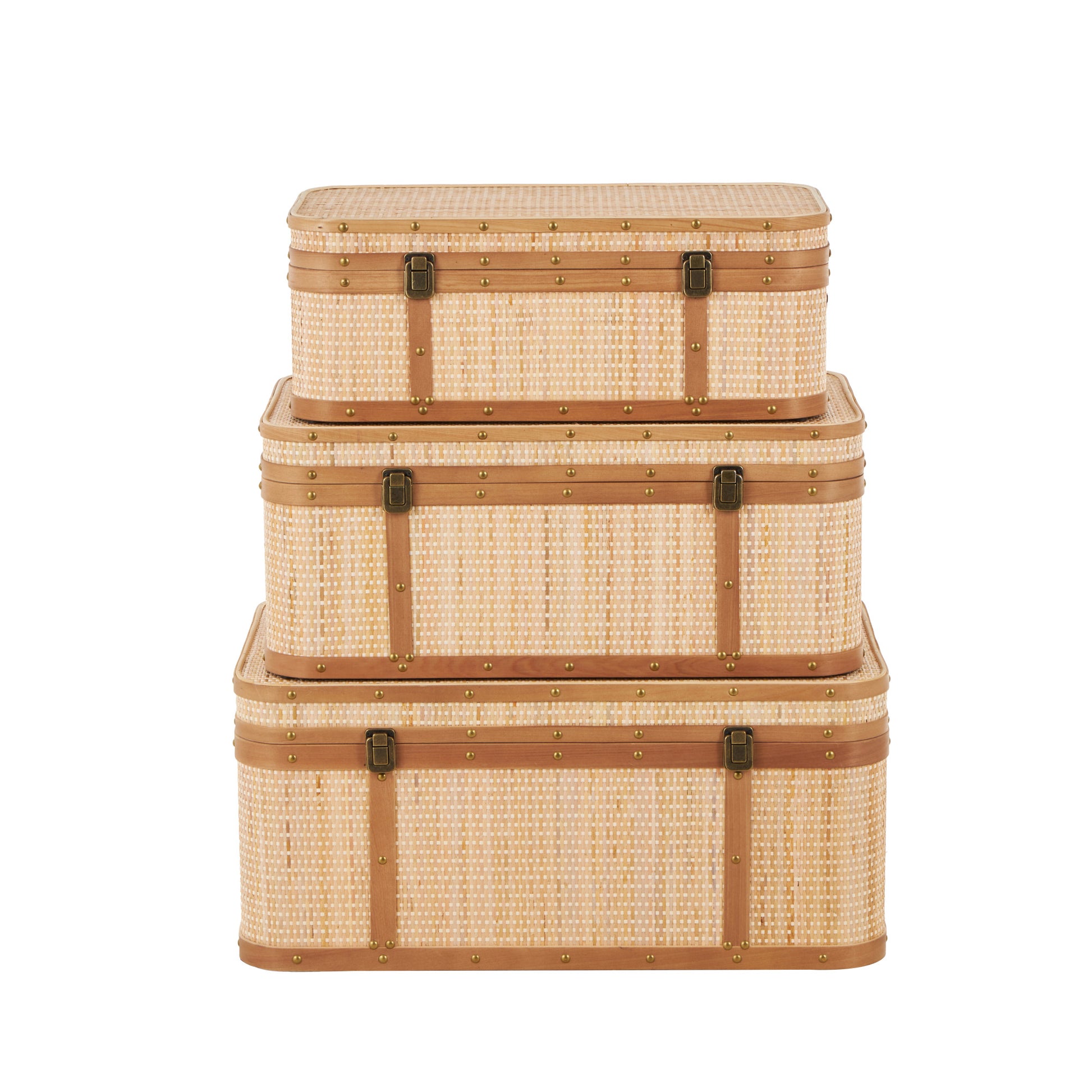 Set of 3 Light Brown Rattan Woven Decorative Trunk with Brass Metal Latches and Brown Wooden Accents