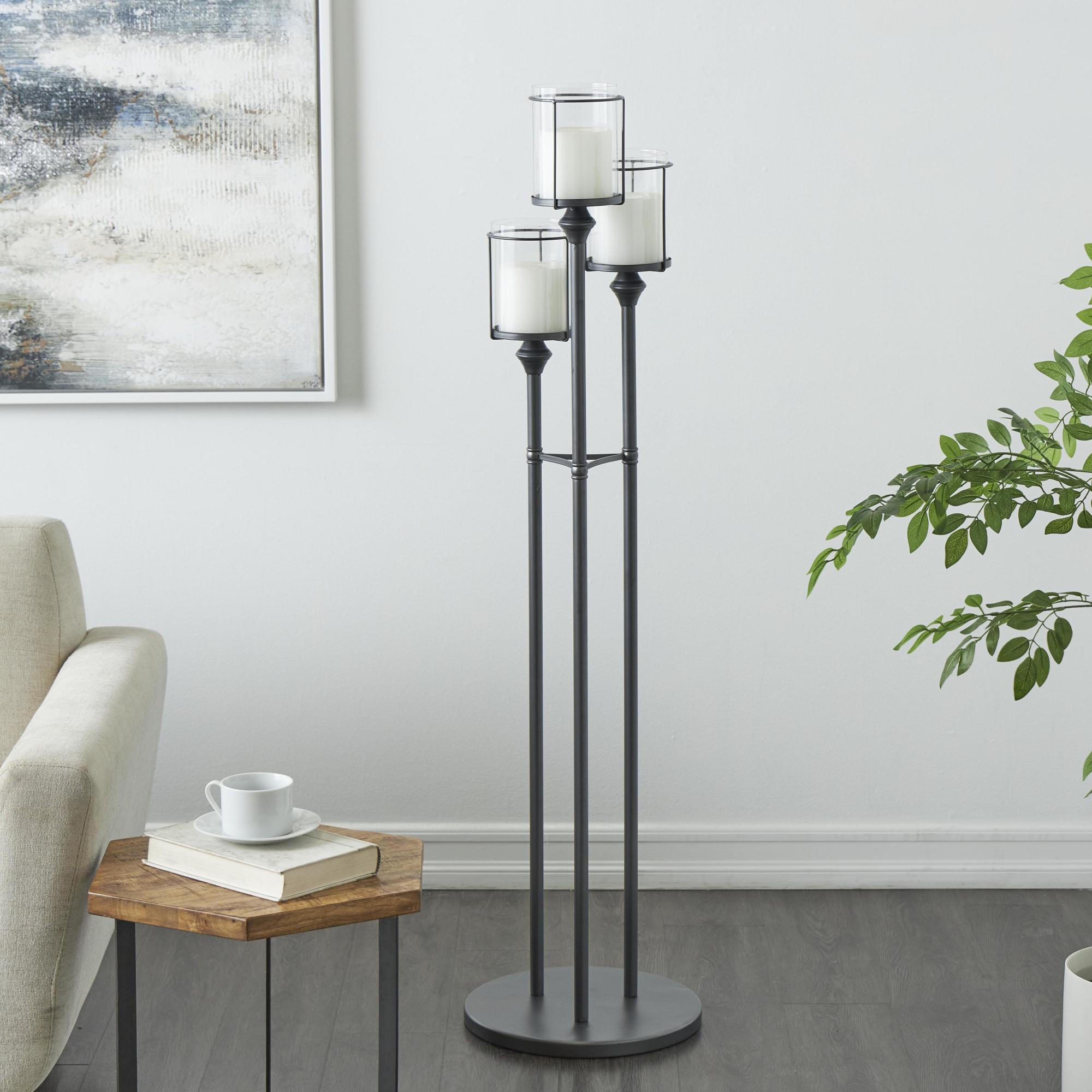 Black Metal Tall Floor Room Hurricane Lamp with 3 Posts and Round Base