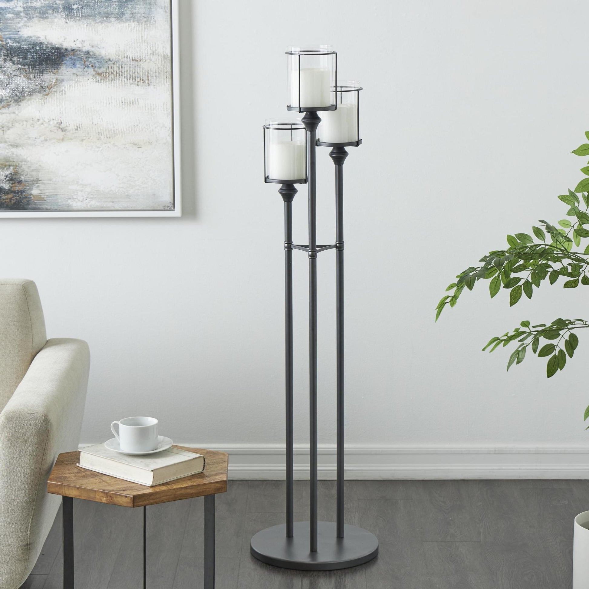 Black Metal Tall Floor Room Hurricane Lamp with 3 Posts and Round Base