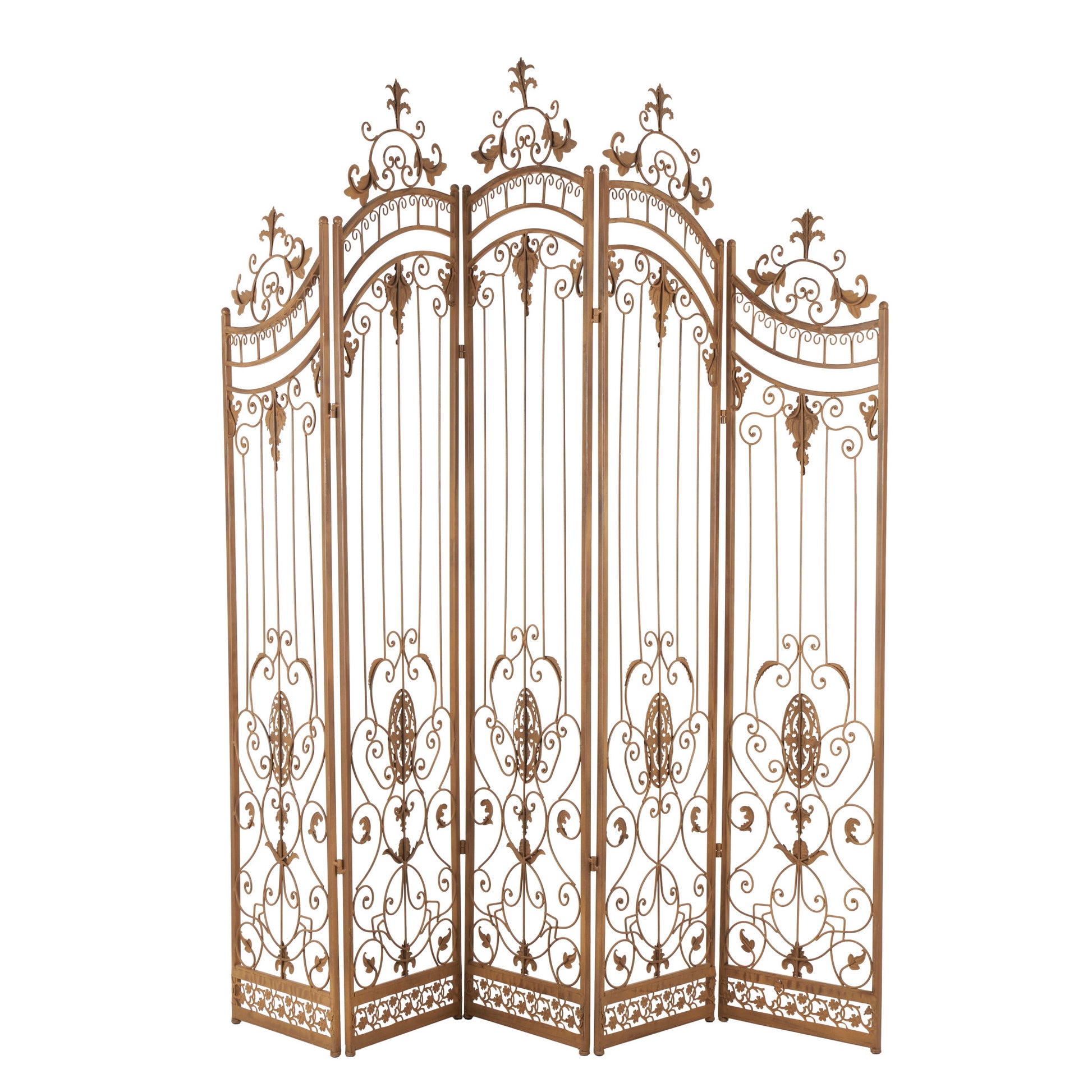 Scroll Bronze Metal Hinged Foldable Arched Partition 5 Panel Partition Room Divider Screen