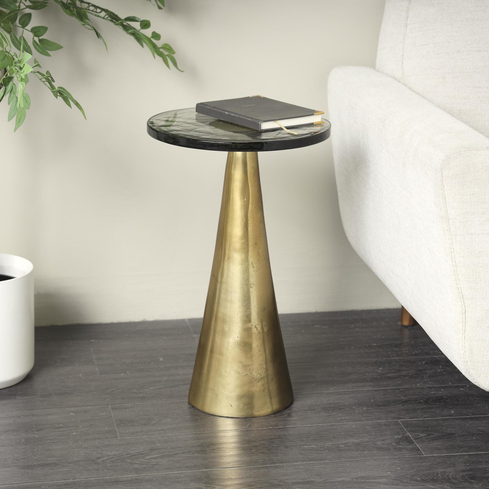 Geometric Aluminum Metal Cone Side End Accent Table with Textured Glass Tabletop