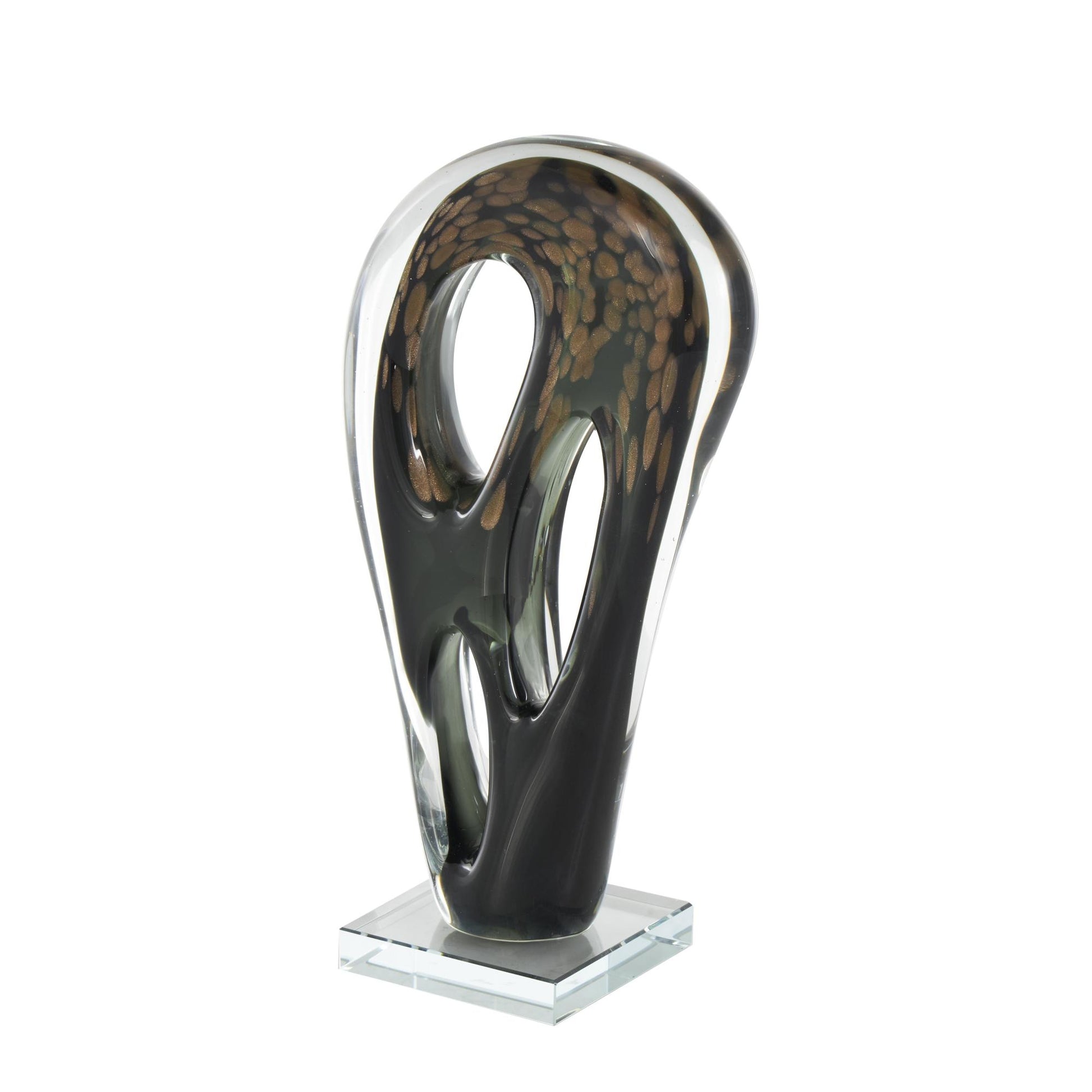 Abstract Black Glass Curved Cutout Decorative Sculpture with Gold Spotted Accents