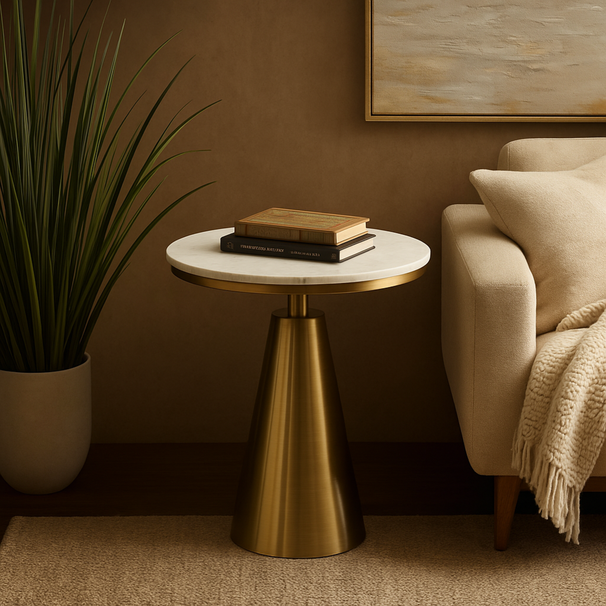 Geometric Gold Metal Cone Side End Accent Table with White Marble Tabletop