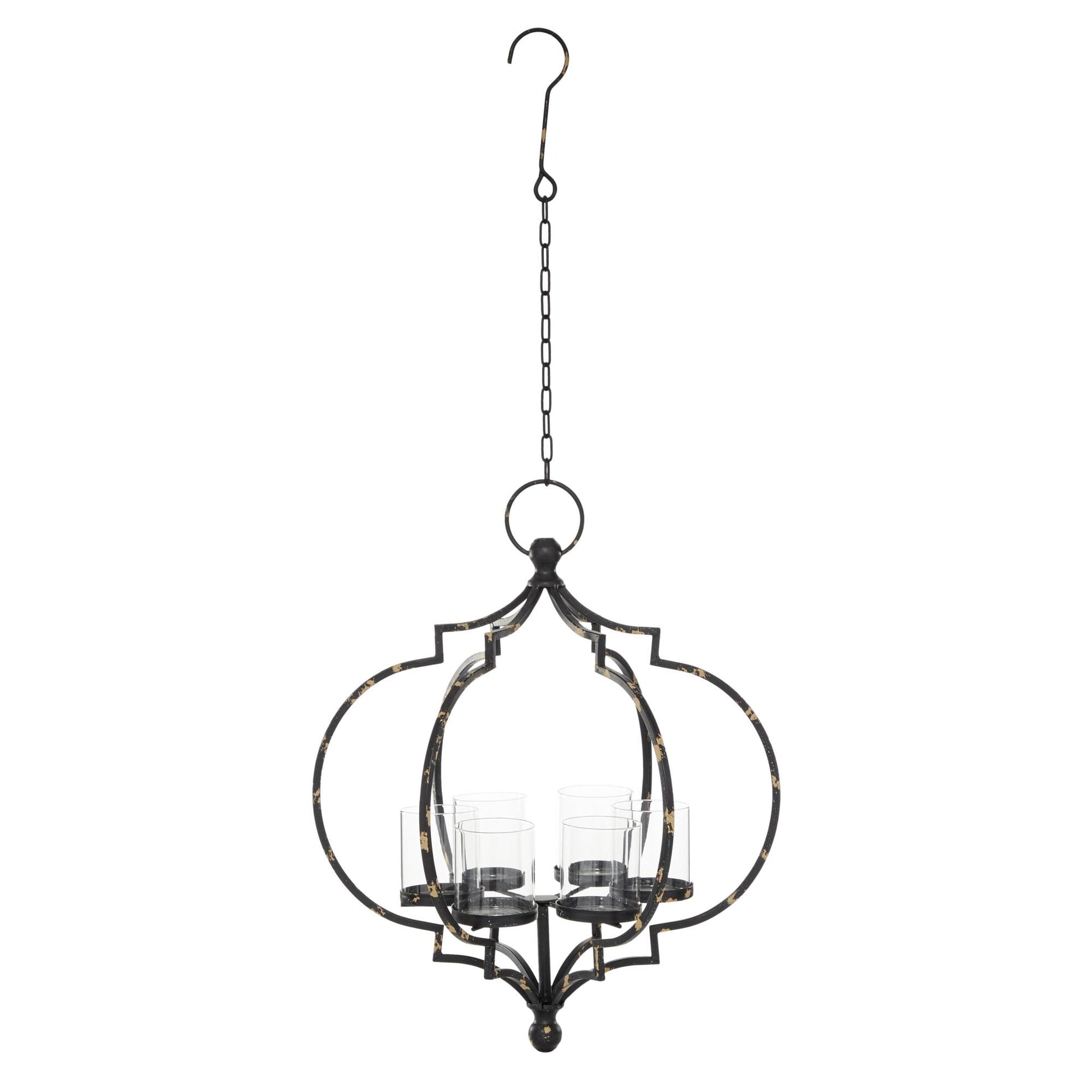 Black Metal Open Caged Hanging 6 Slot Decorative Candelabra with Distressing and Hook