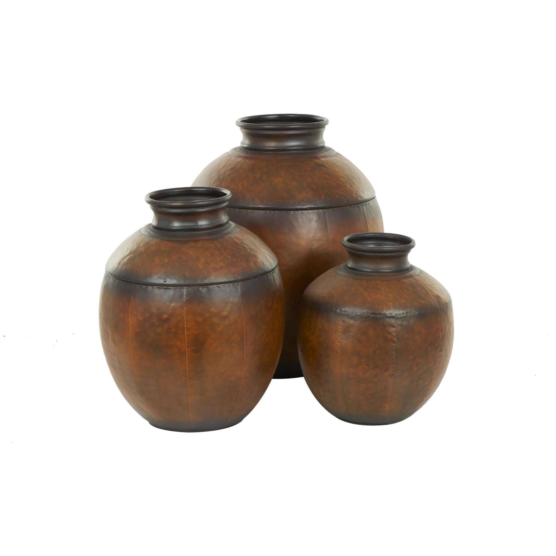 Set of 3 Brown Metal Antique Style Round Pot Floor Decorative Vase